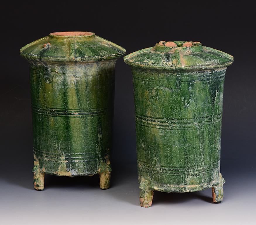Hand-Carved Pair of Antique Chinese Han Dynasty Green Glazed Pottery Granary Jars