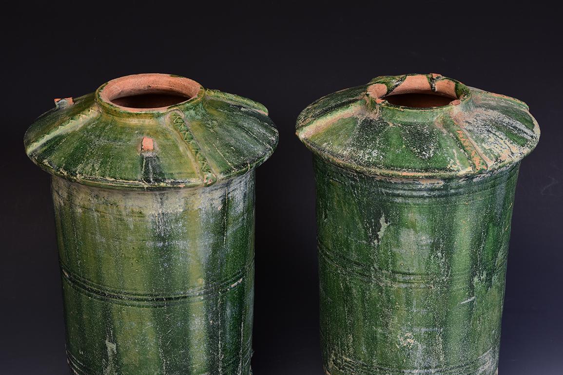 18th Century and Earlier Pair of Antique Chinese Han Dynasty Green Glazed Pottery Granary Jars