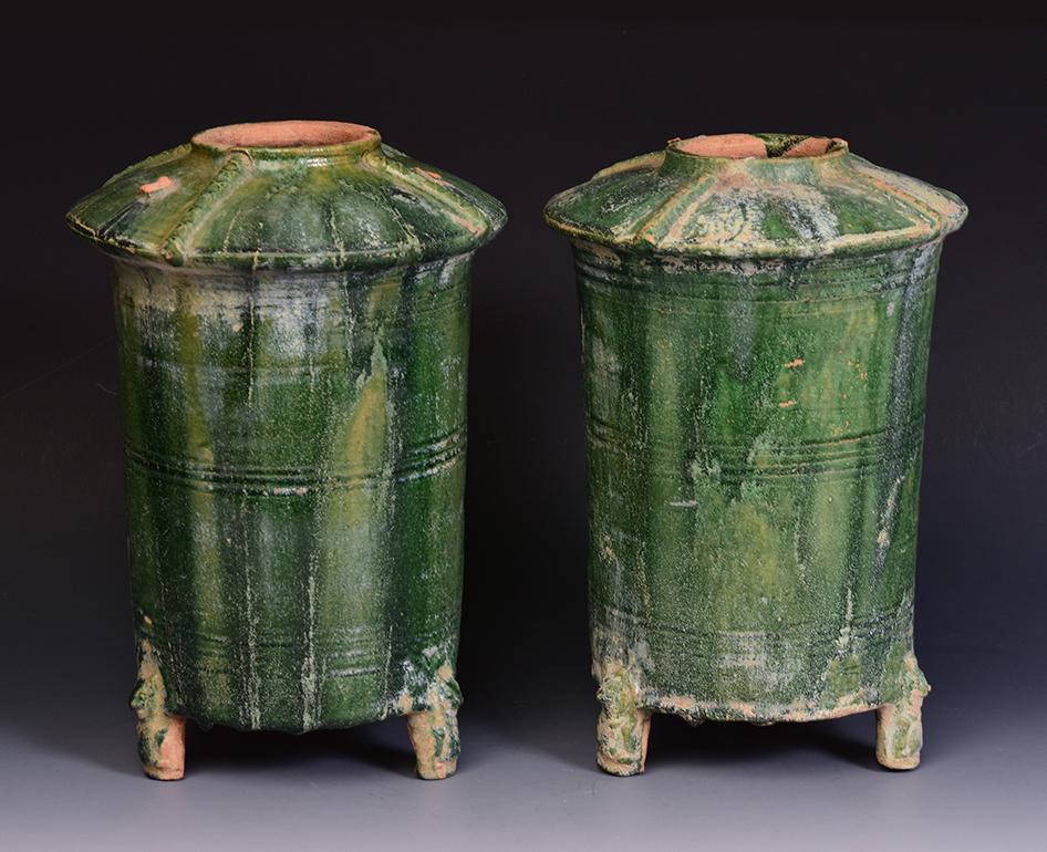 Pair of Antique Chinese Han Dynasty Green Glazed Pottery Granary Jars 3