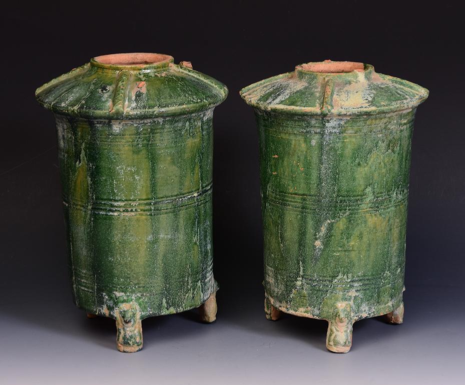 Pair of Antique Chinese Han Dynasty Green Glazed Pottery Granary Jars 4
