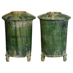 Pair of Antique Chinese Han Dynasty Green Glazed Pottery Granary Jars