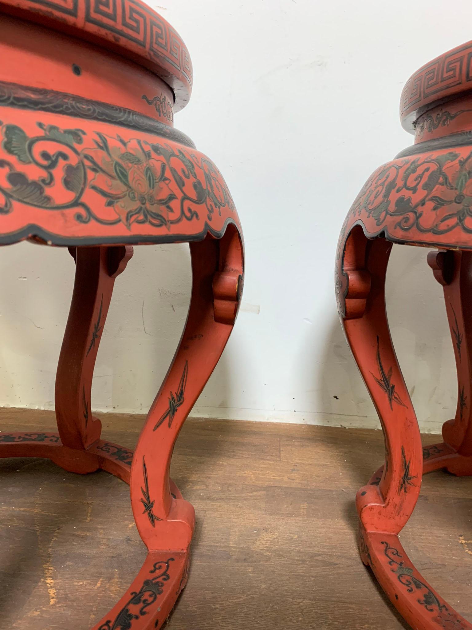 Pair of Antique Chinese Late Qing Dynasty Lacquered Drum Stools or Tables 5
