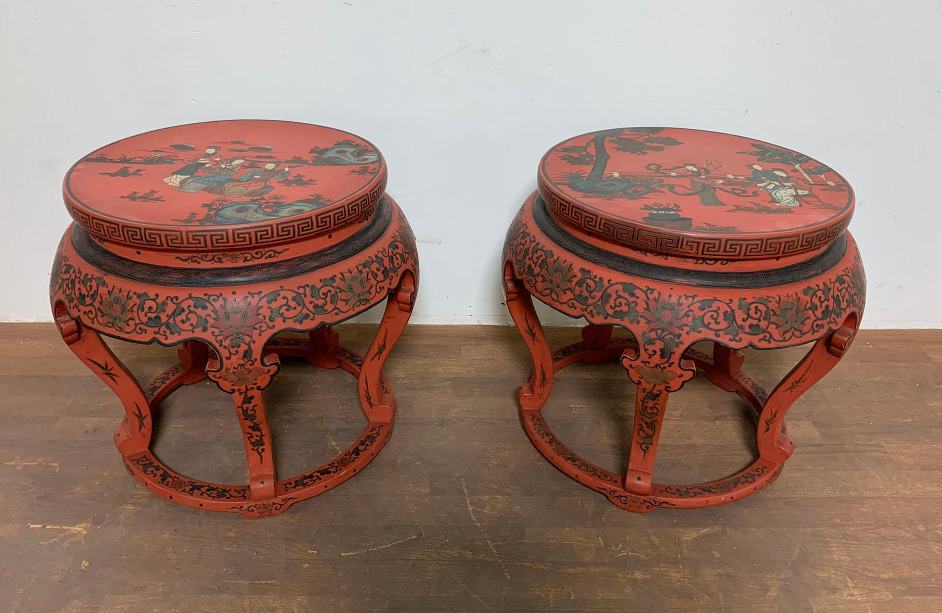 Pair of Antique Chinese Late Qing Dynasty Lacquered Drum Stools or Tables 6