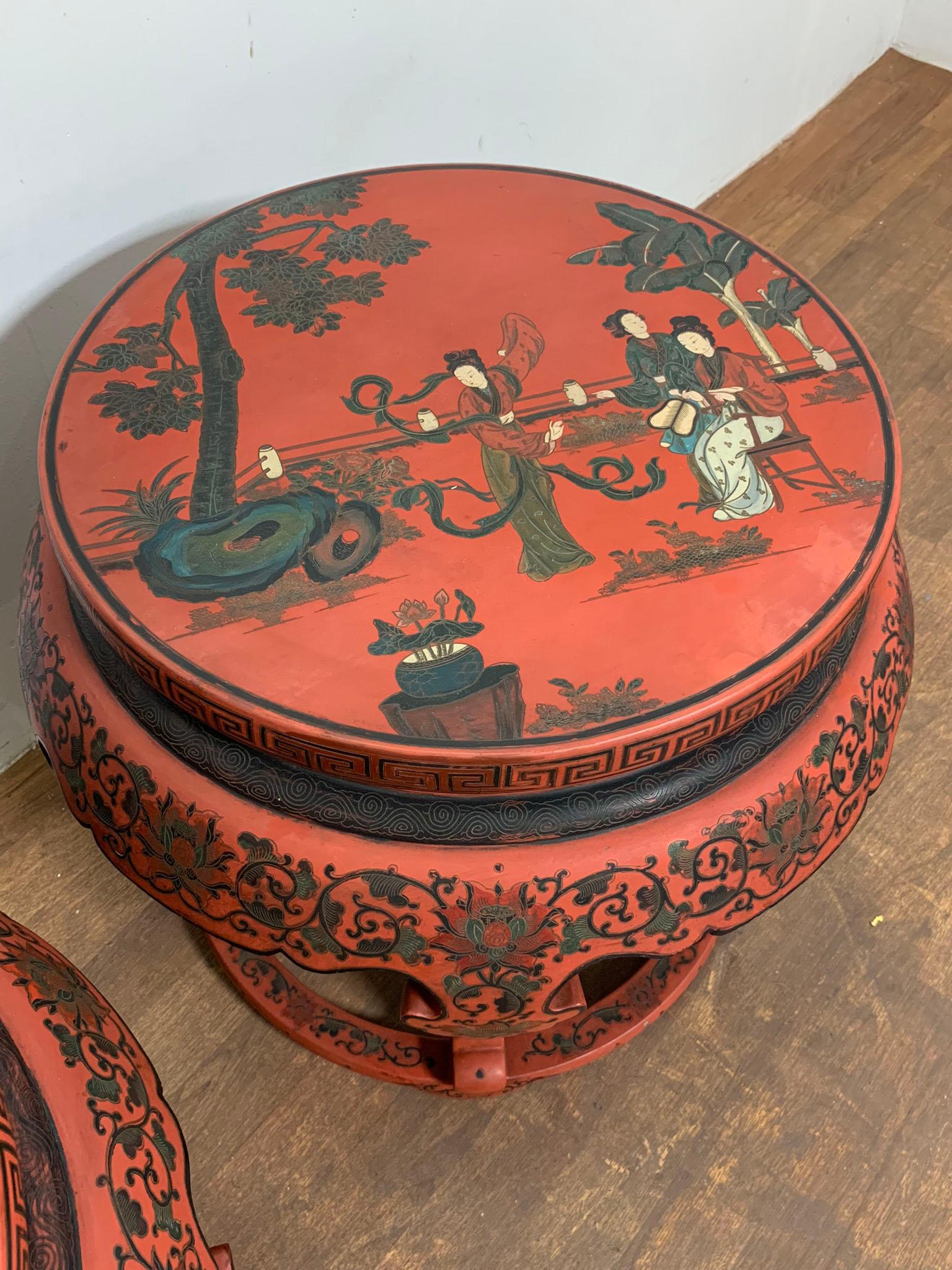 Pair of Antique Chinese Late Qing Dynasty Lacquered Drum Stools or Tables In Good Condition In Peabody, MA