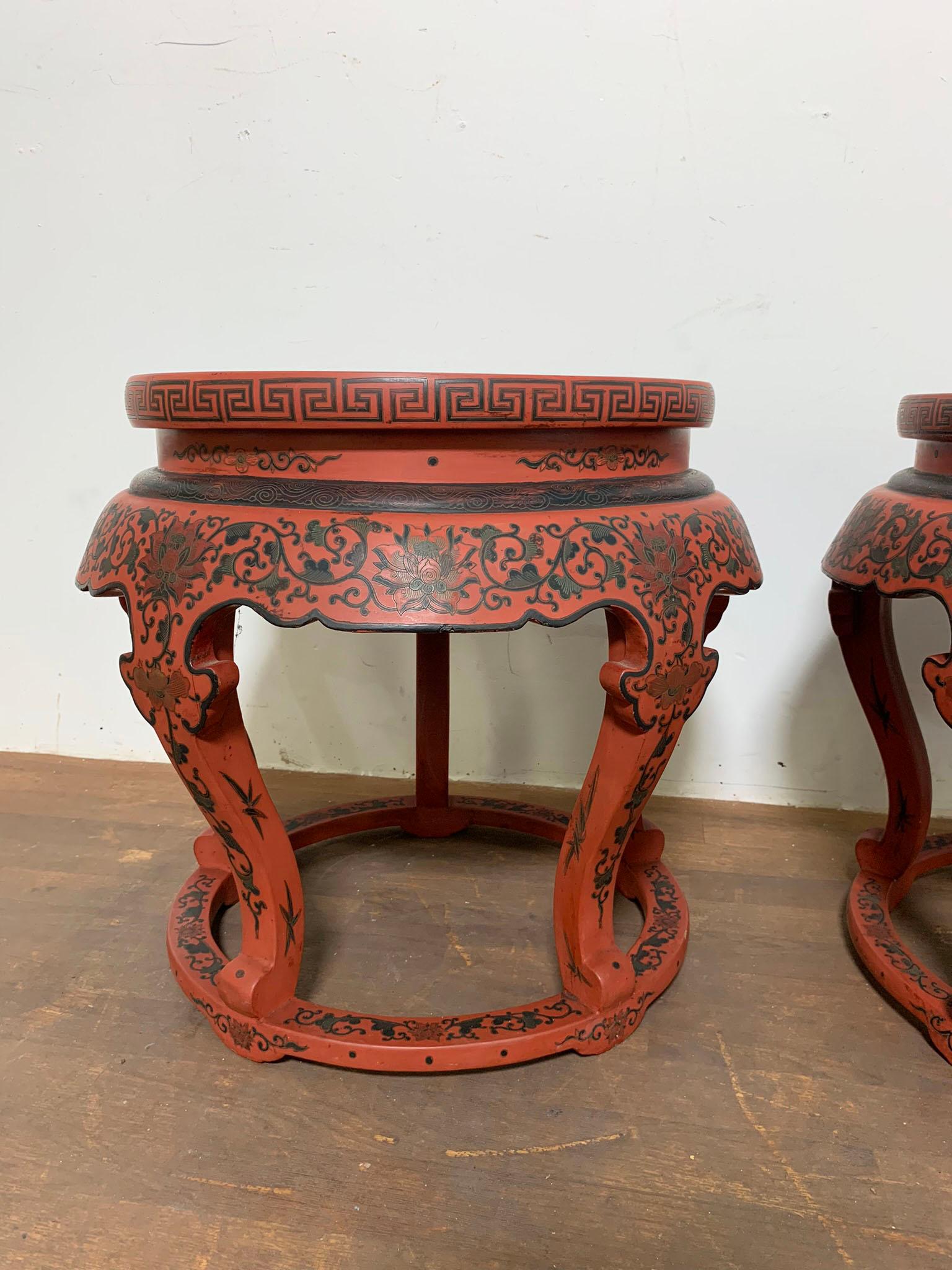 Pair of Antique Chinese Late Qing Dynasty Lacquered Drum Stools or Tables 1