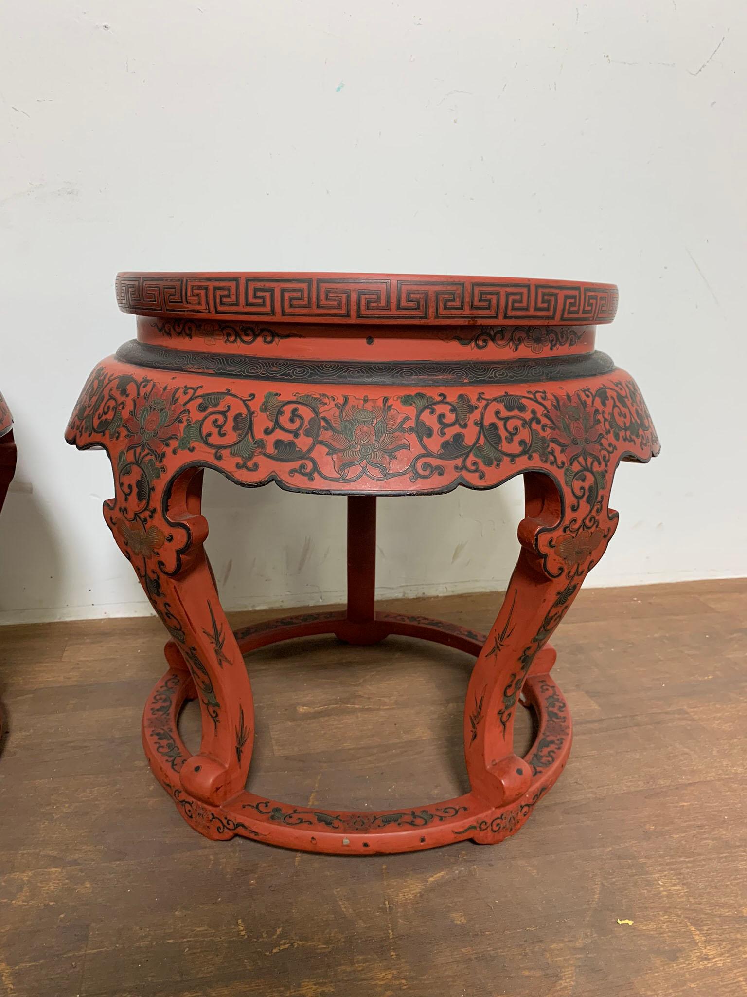 Pair of Antique Chinese Late Qing Dynasty Lacquered Drum Stools or Tables 2