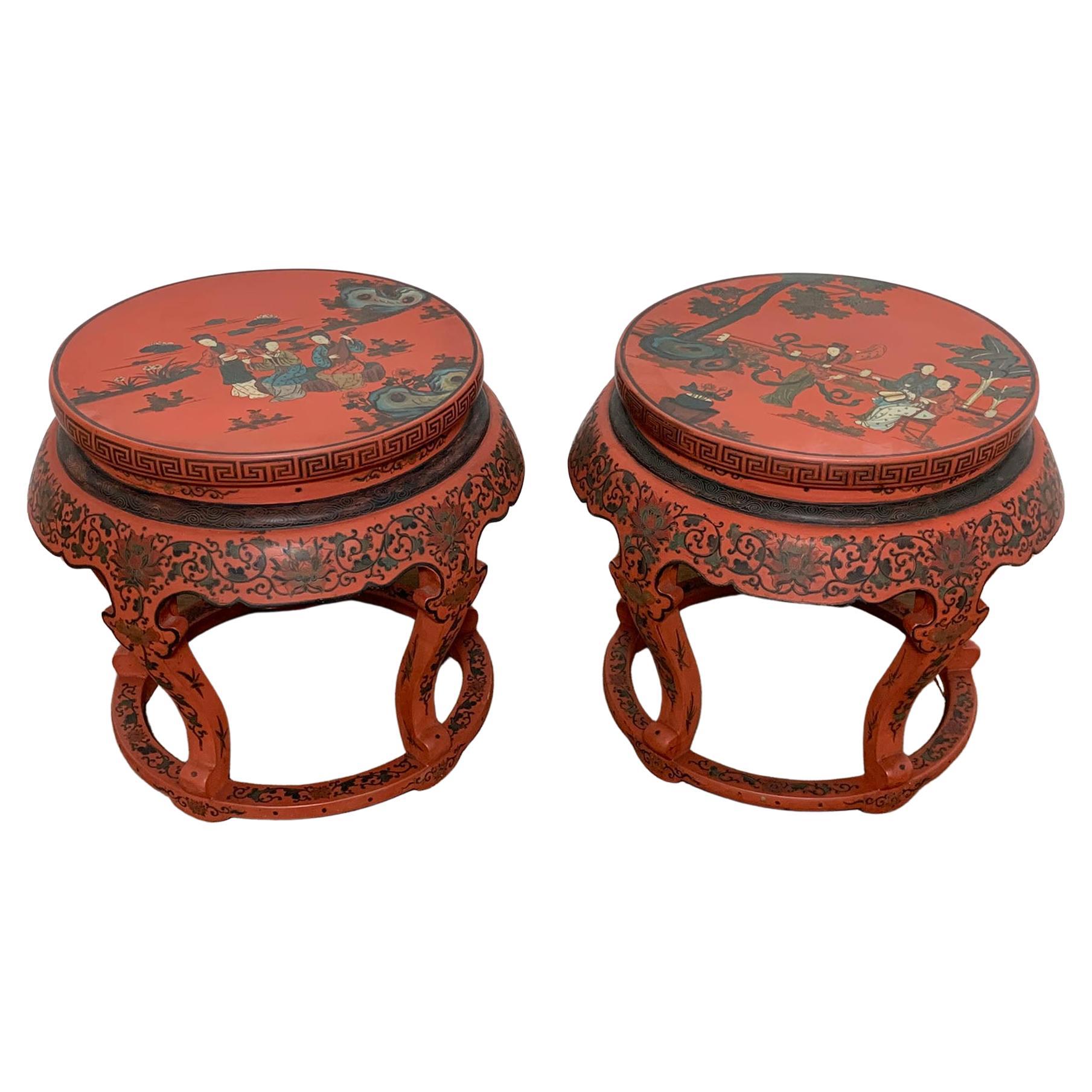 Pair of Antique Chinese Late Qing Dynasty Lacquered Drum Stools or Tables