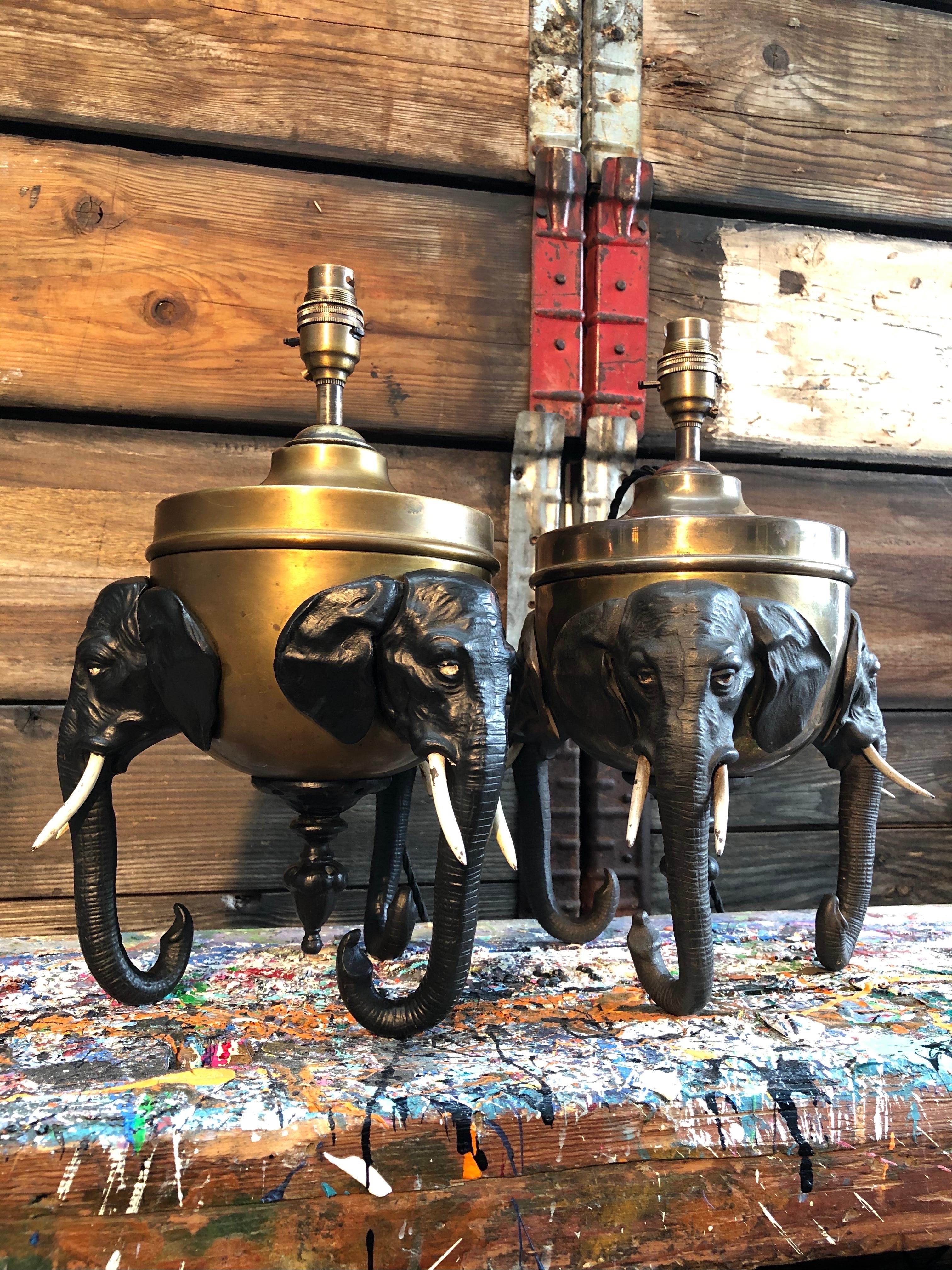 Late 19th Century A Pair of Antique Cold Painted Bronze Elephant Lamps