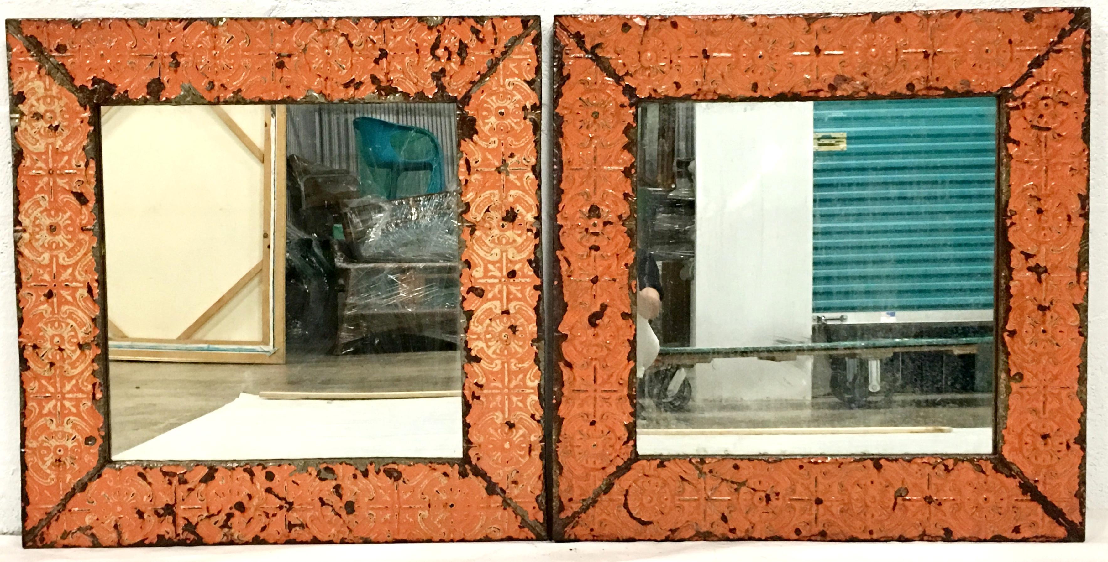 Antique Pair Of Copper New York City Ceiling Tile Mirrors. Salvaged from 19th Century New York City buildings, painted orange copper tile mounted on wood pair of of square wall mirrors Ready to hang with existing mounted hardware.