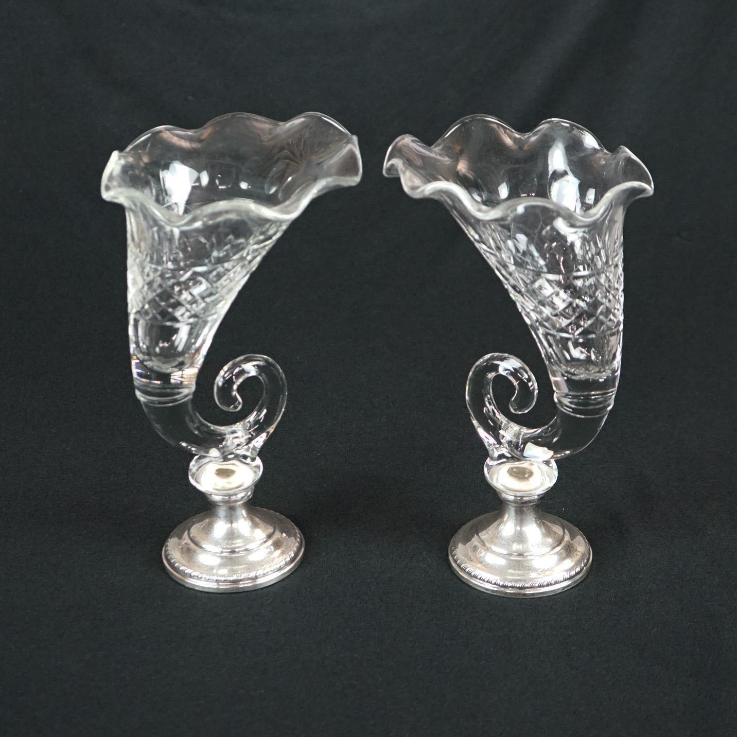 Pair of Antique Cut Glass & Sterling Silver Cornucopia Vases, circa 1920 6