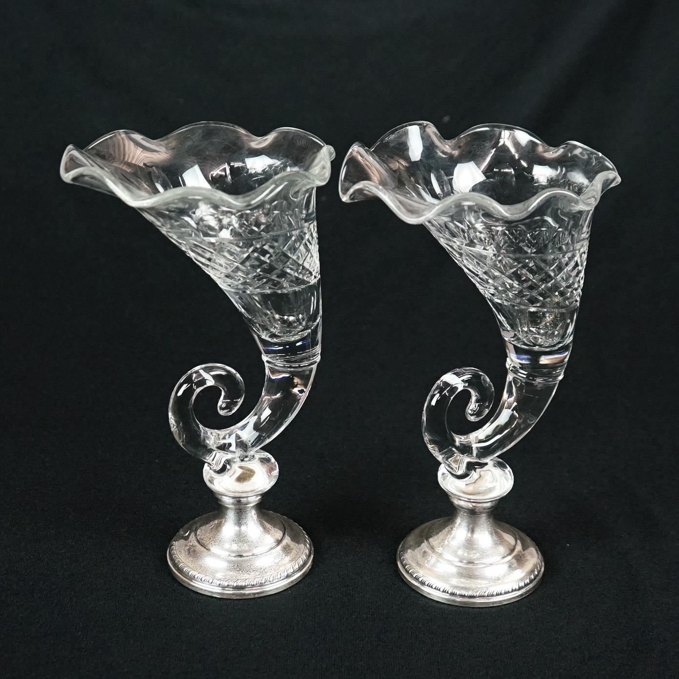 Pair of Antique Cut Glass & Sterling Silver Cornucopia Vases, circa 1920 7