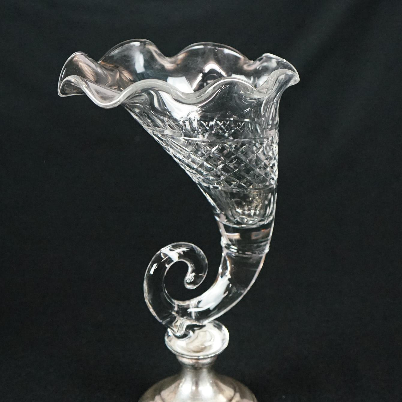 Pair of Antique Cut Glass & Sterling Silver Cornucopia Vases, circa 1920 9