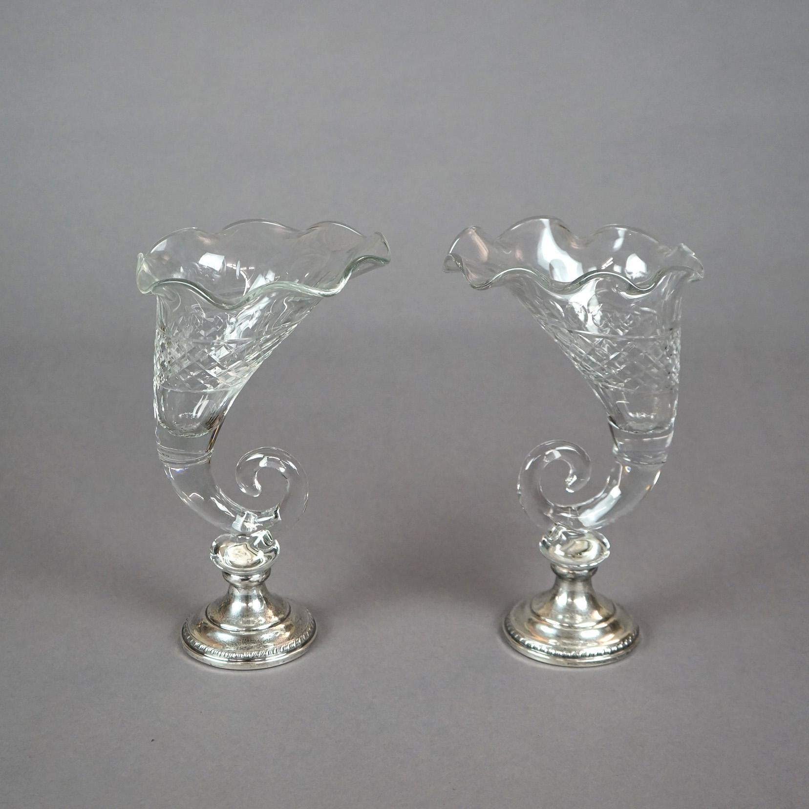 Pair of Antique Cut Glass & Sterling Silver Cornucopia Vases, circa 1920 In Good Condition In Big Flats, NY