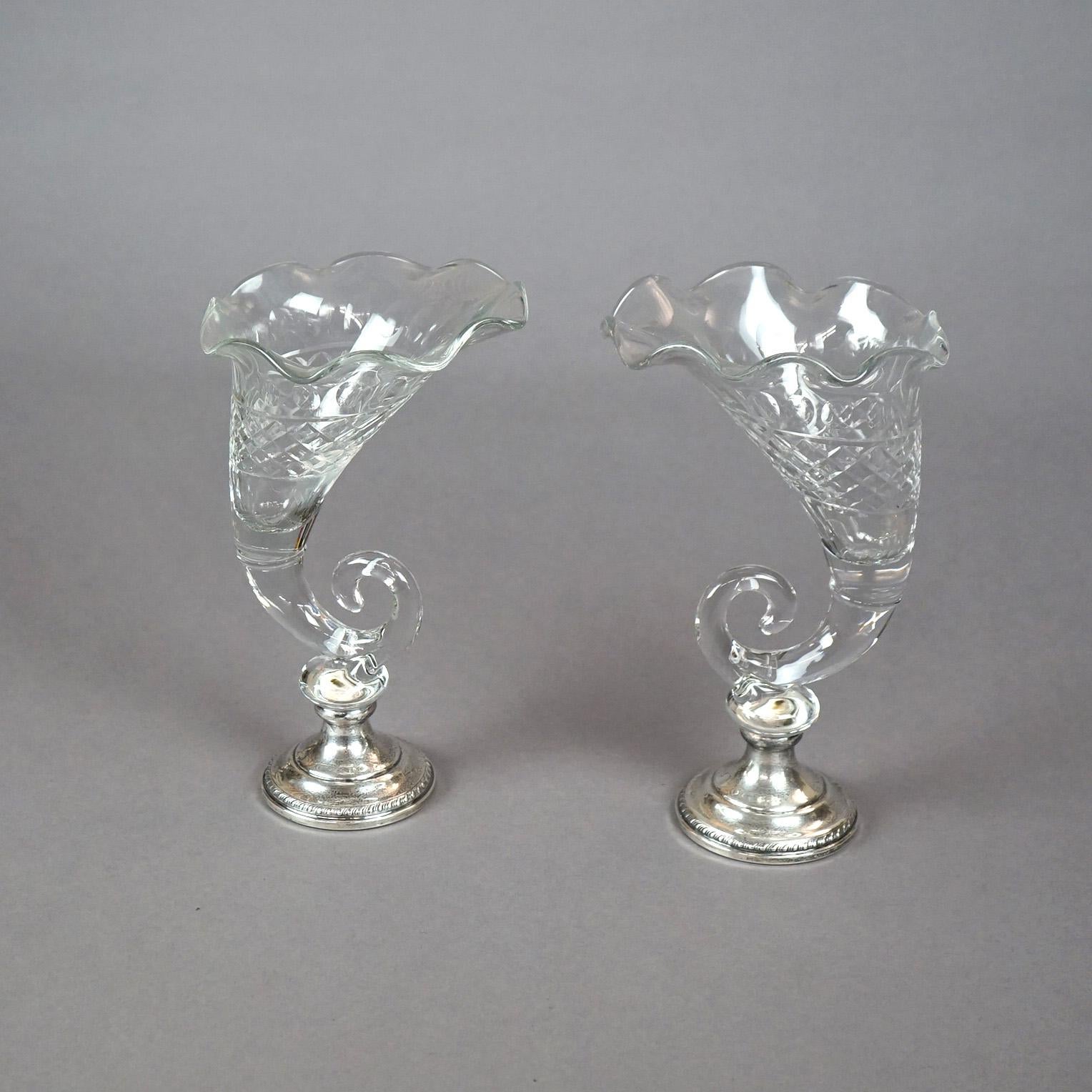20th Century Pair of Antique Cut Glass & Sterling Silver Cornucopia Vases, circa 1920