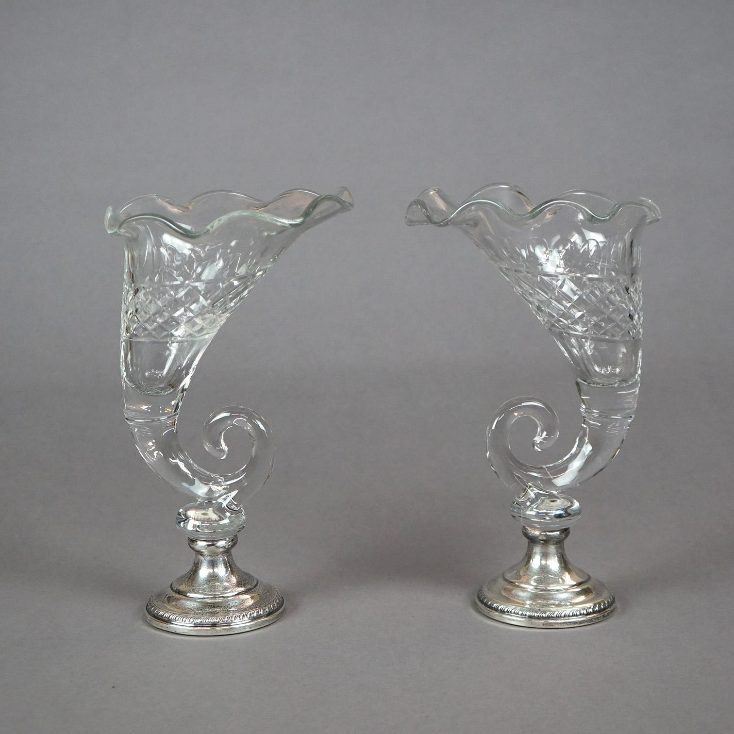 Pair of Antique Cut Glass & Sterling Silver Cornucopia Vases, circa 1920 1