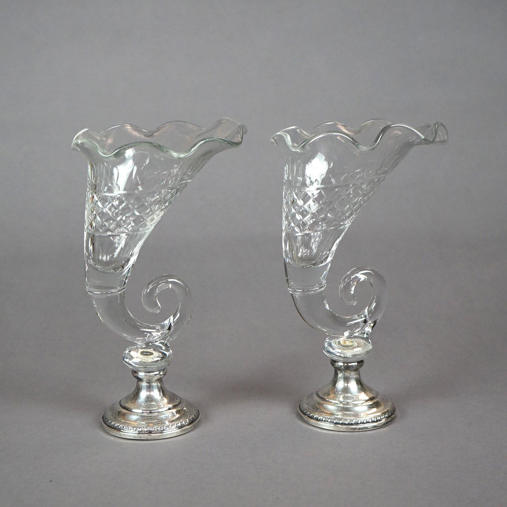 Pair of Antique Cut Glass & Sterling Silver Cornucopia Vases, circa 1920 2