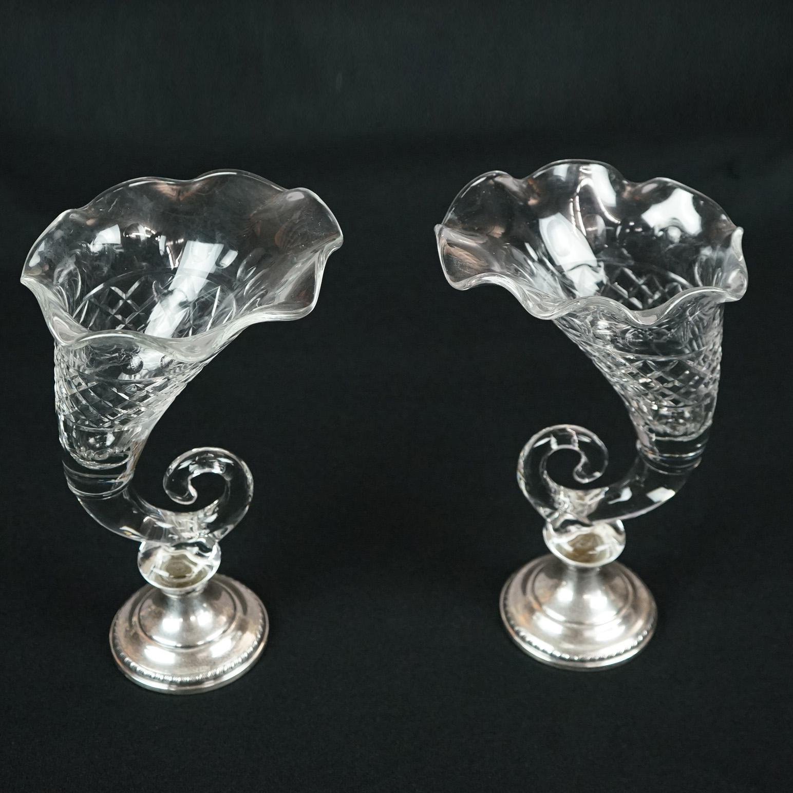 Pair of Antique Cut Glass & Sterling Silver Cornucopia Vases, circa 1920 3
