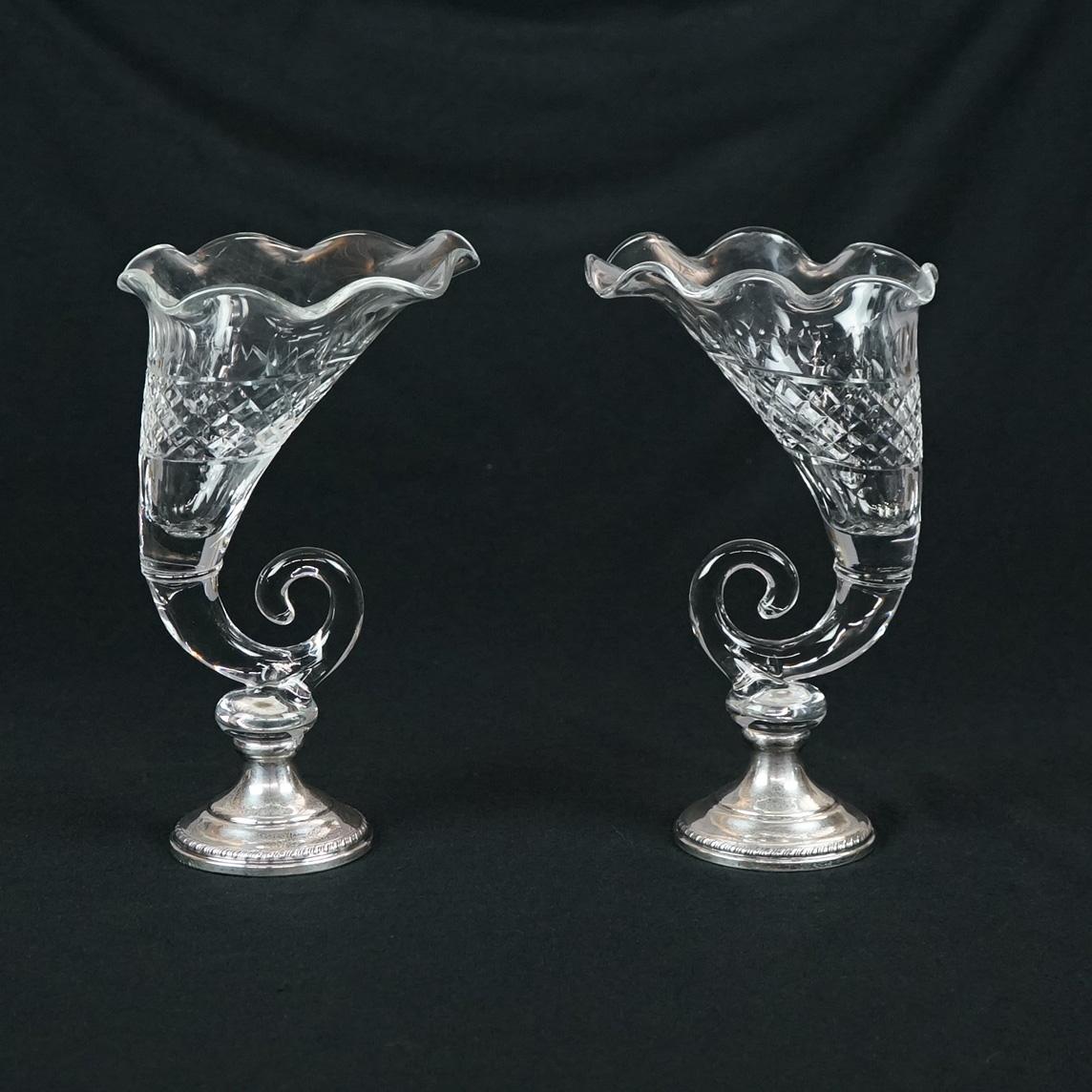 Pair of Antique Cut Glass & Sterling Silver Cornucopia Vases, circa 1920 4