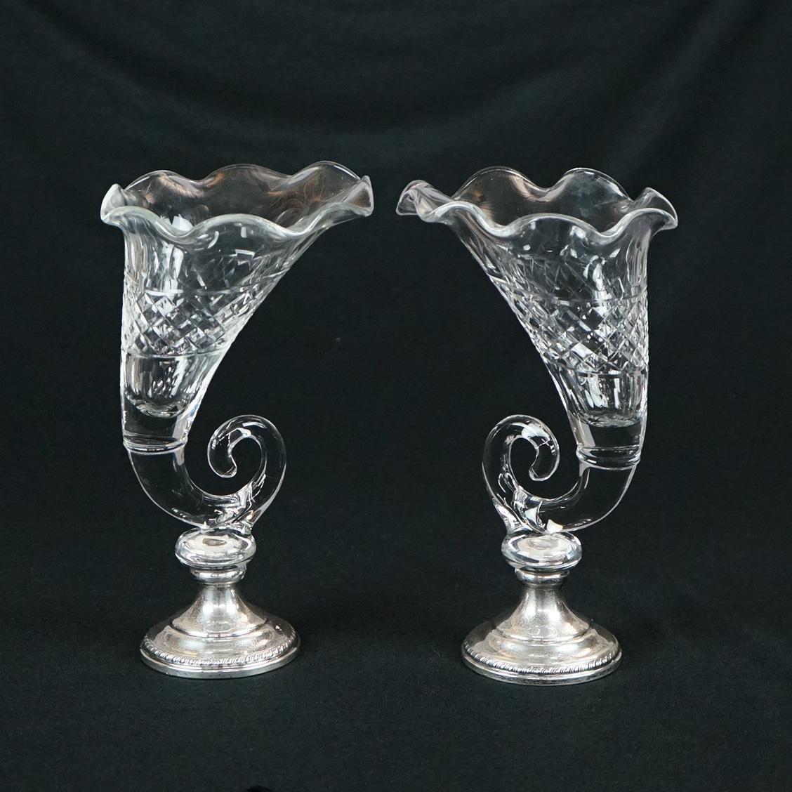 Pair of Antique Cut Glass & Sterling Silver Cornucopia Vases, circa 1920 5