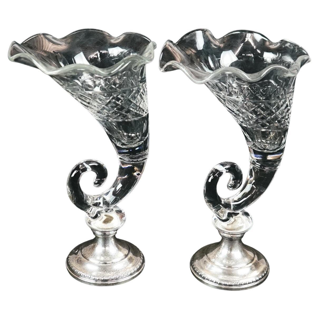 Pair of Antique Cut Glass 
Sterling Silver Cornucopia Vases, circa 1920