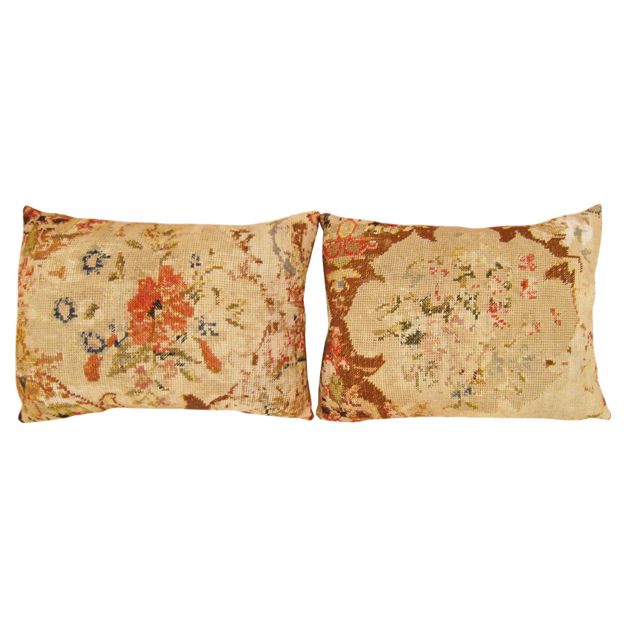 Pair of Antique Decorative English Needlepoint Rug Pillows with Floral For Sale