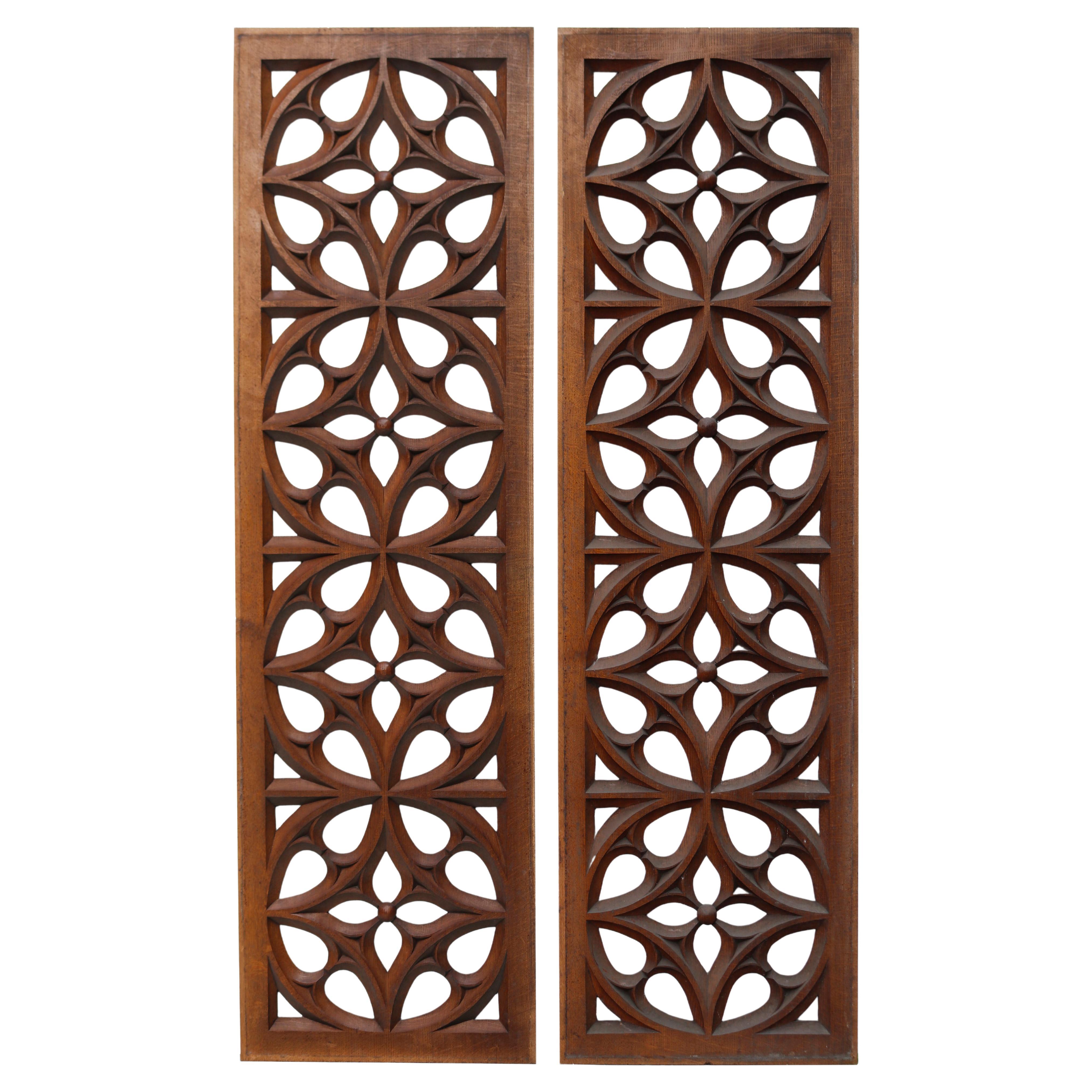 Pair of Antique Decorative Oak Church Panels For Sale