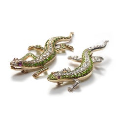 Pair of Antique Demantoid Garnet Ruby Diamond and Gold Salamander Brooches