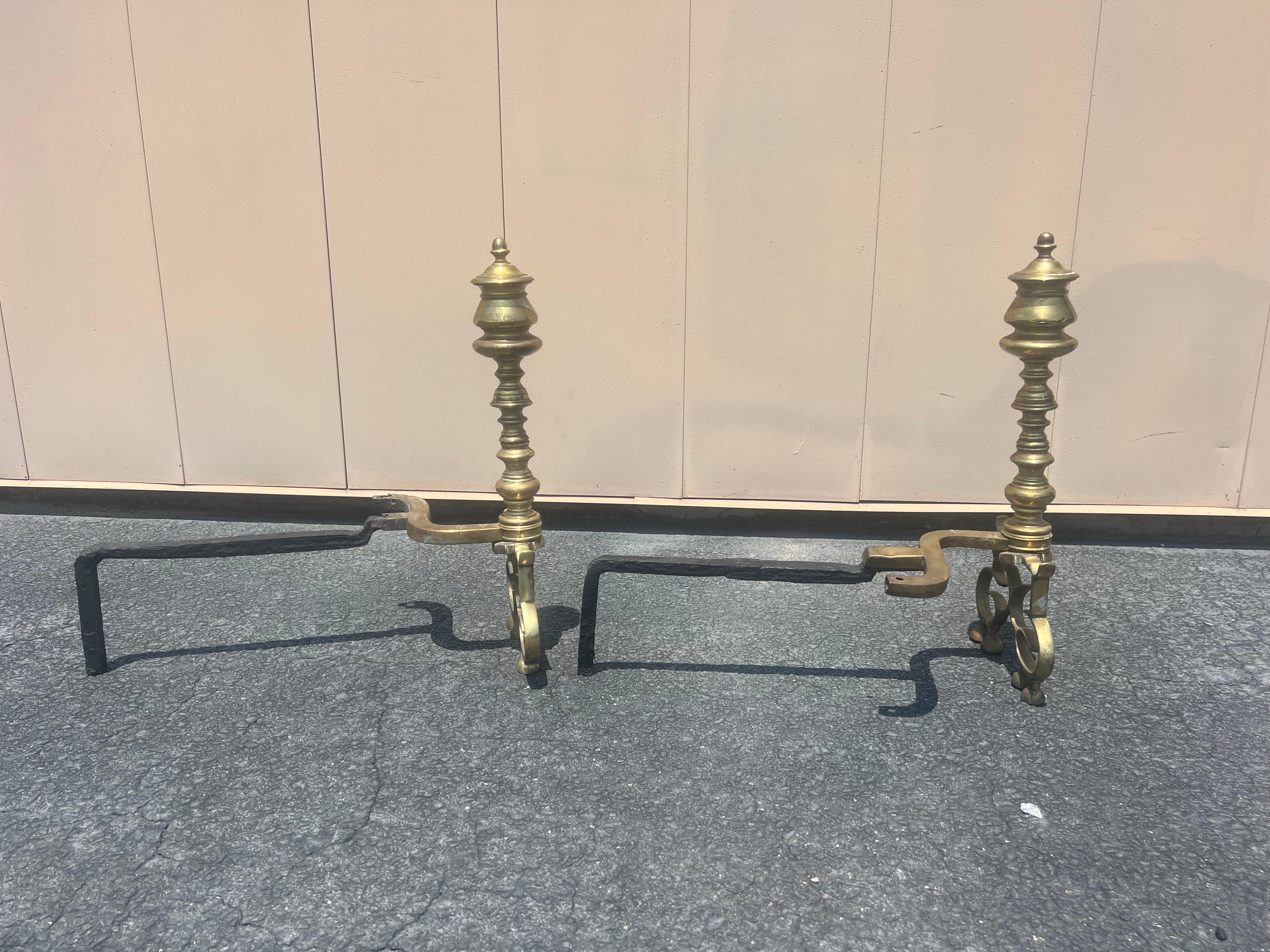 A pair of Antique English Brass Andirons For Sale 4