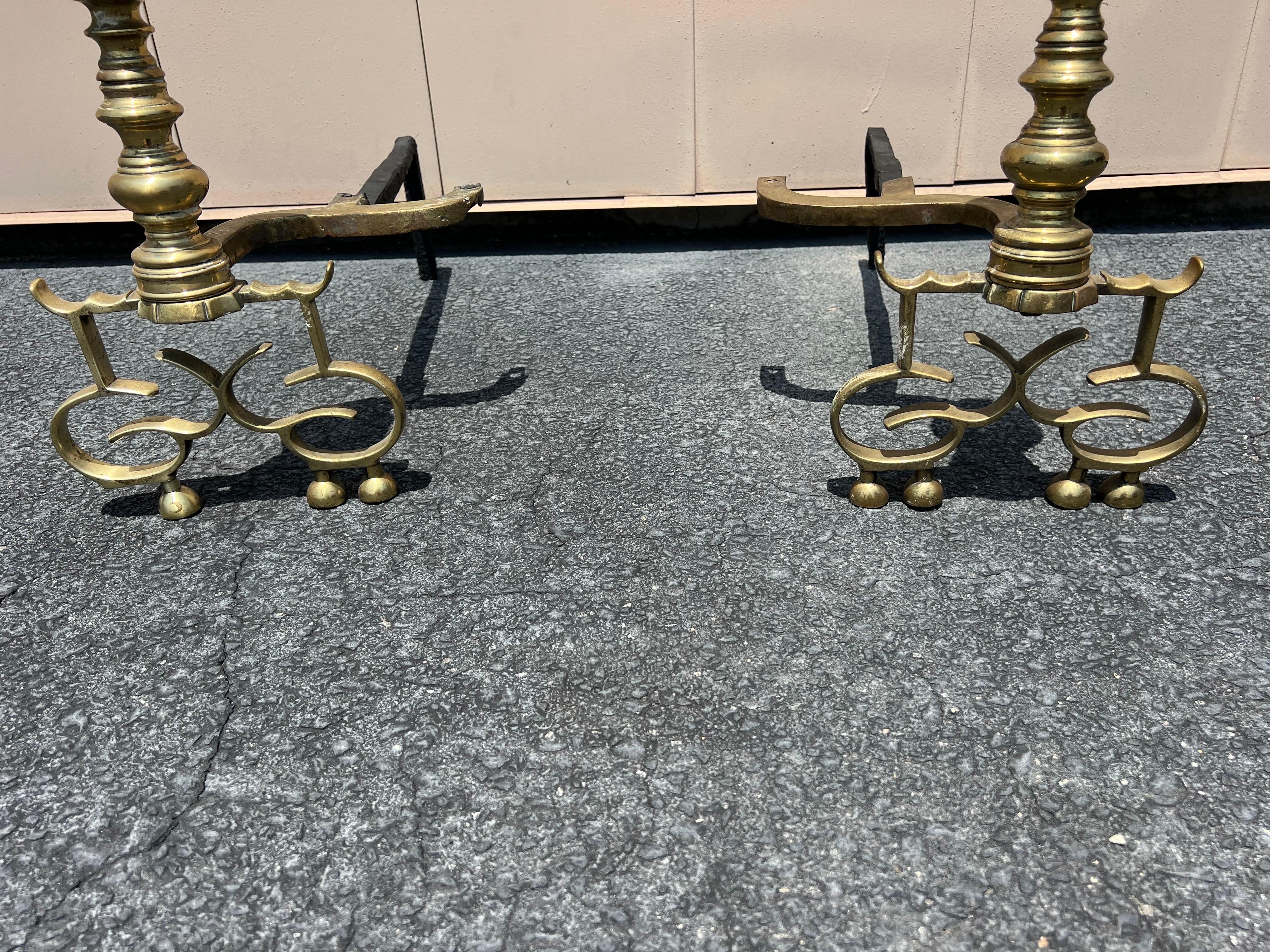 A pair of Antique English Brass Andirons For Sale 5