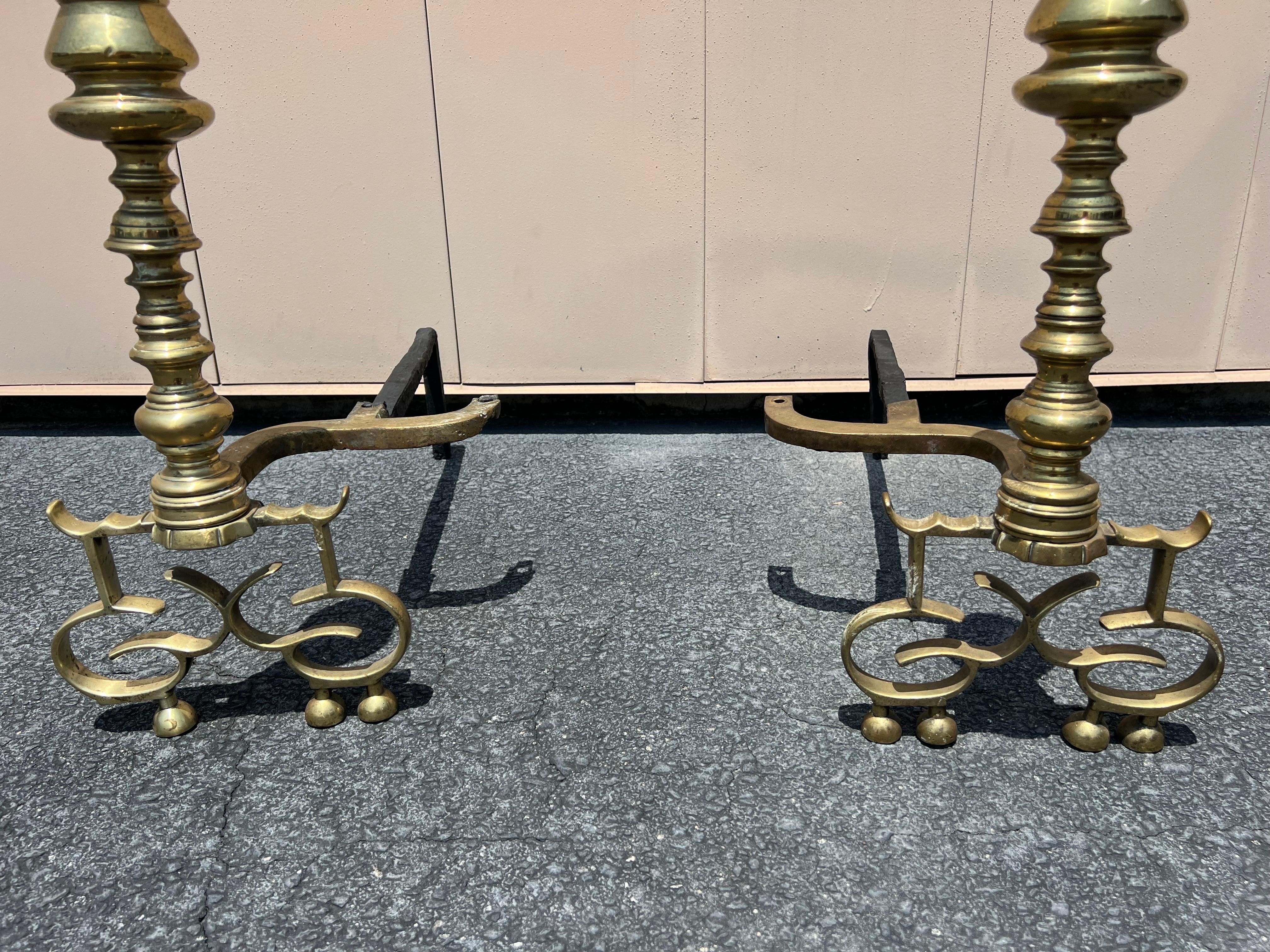 A pair of Antique English Brass Andirons For Sale 6