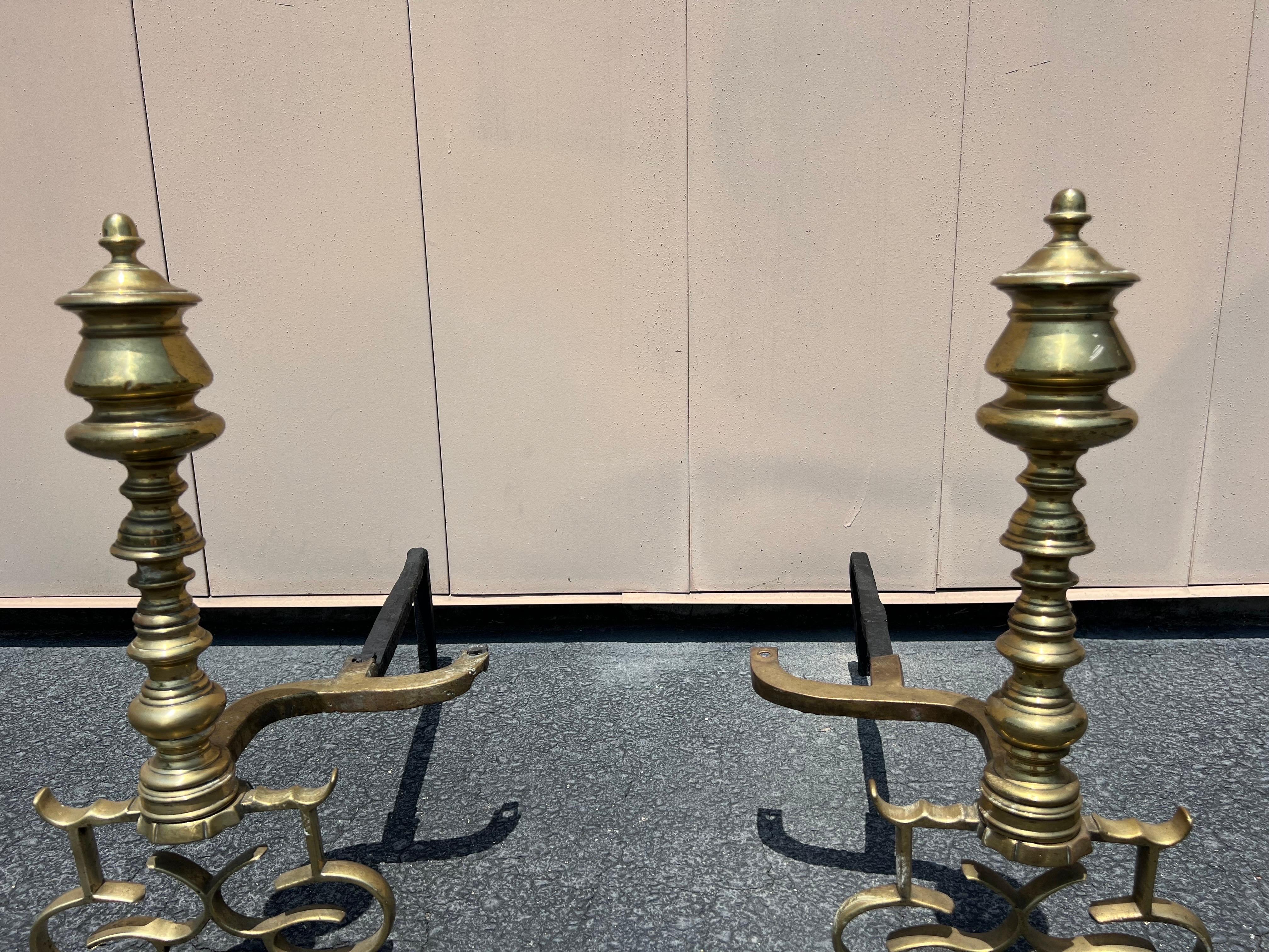 A pair of Antique English Brass Andirons For Sale 7
