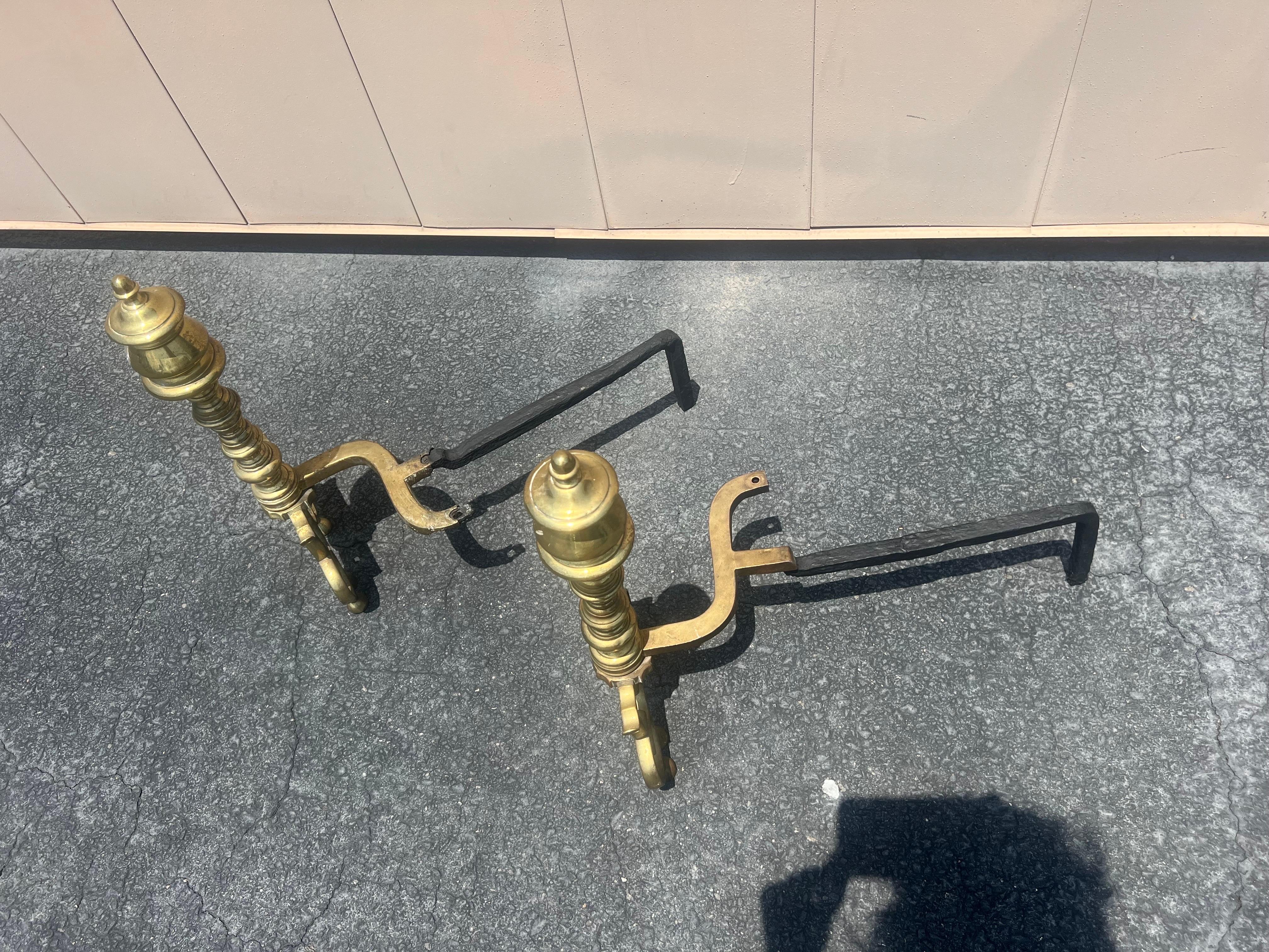 Empire A pair of Antique English Brass Andirons For Sale