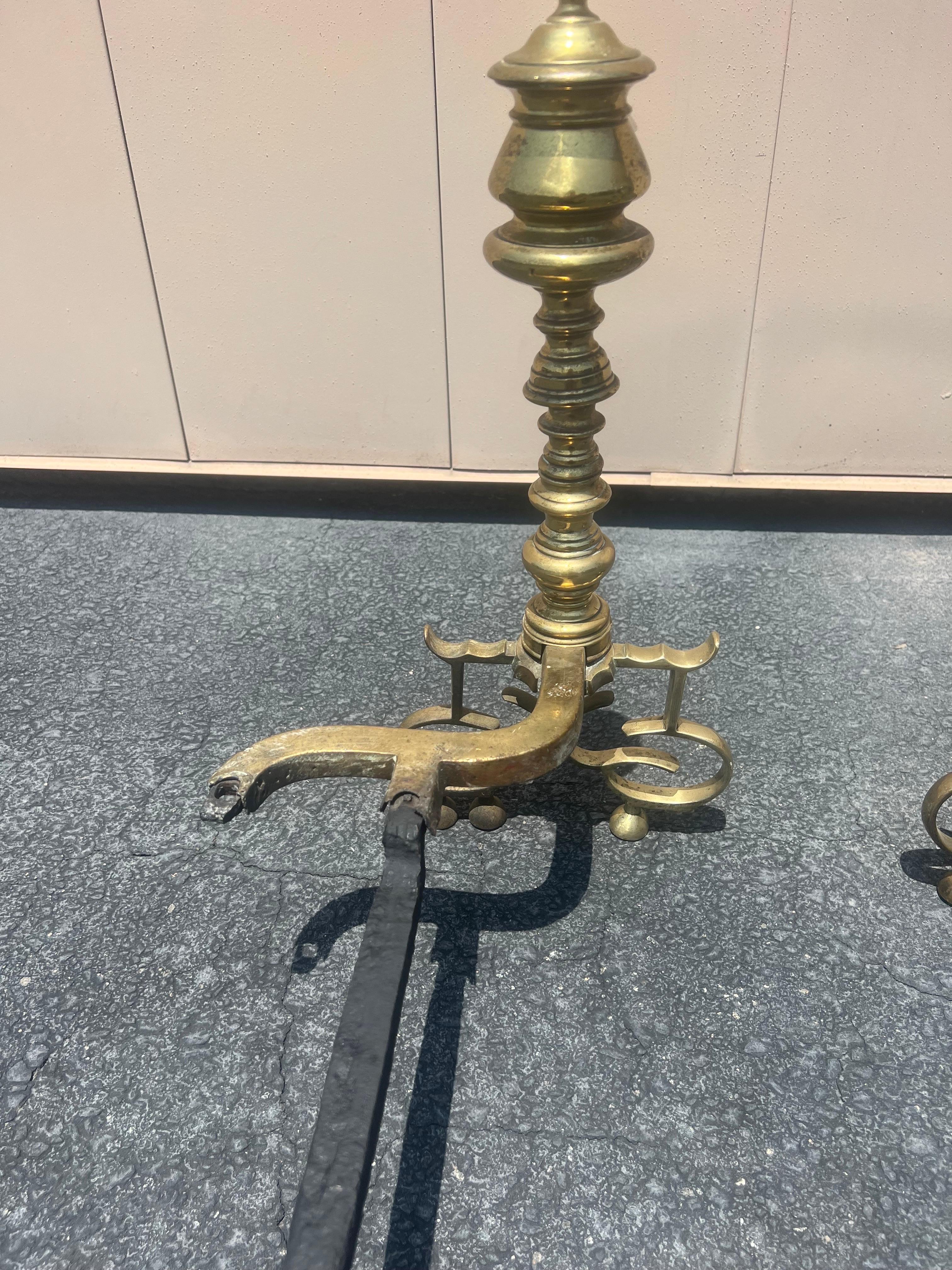 A pair of Antique English Brass Andirons For Sale 1