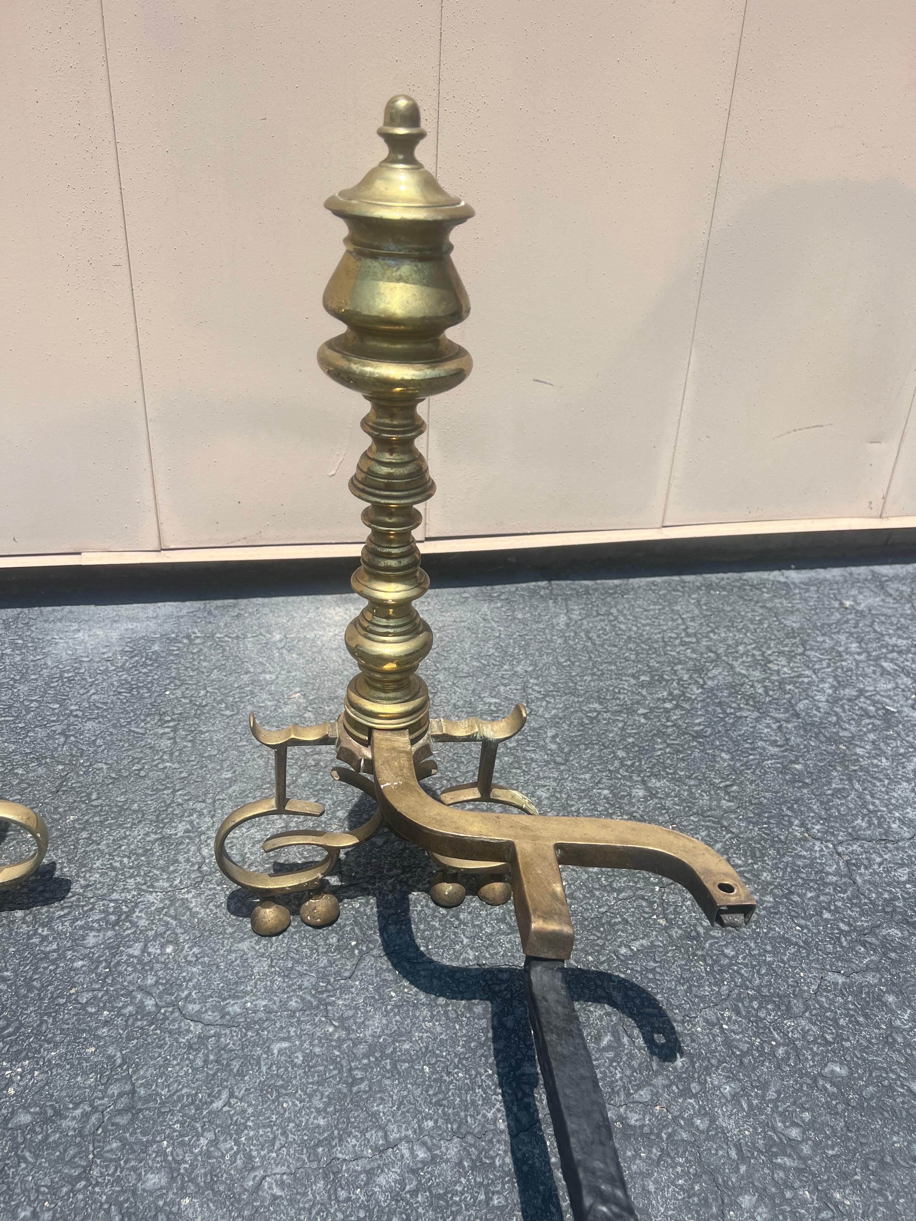 A pair of Antique English Brass Andirons For Sale 2