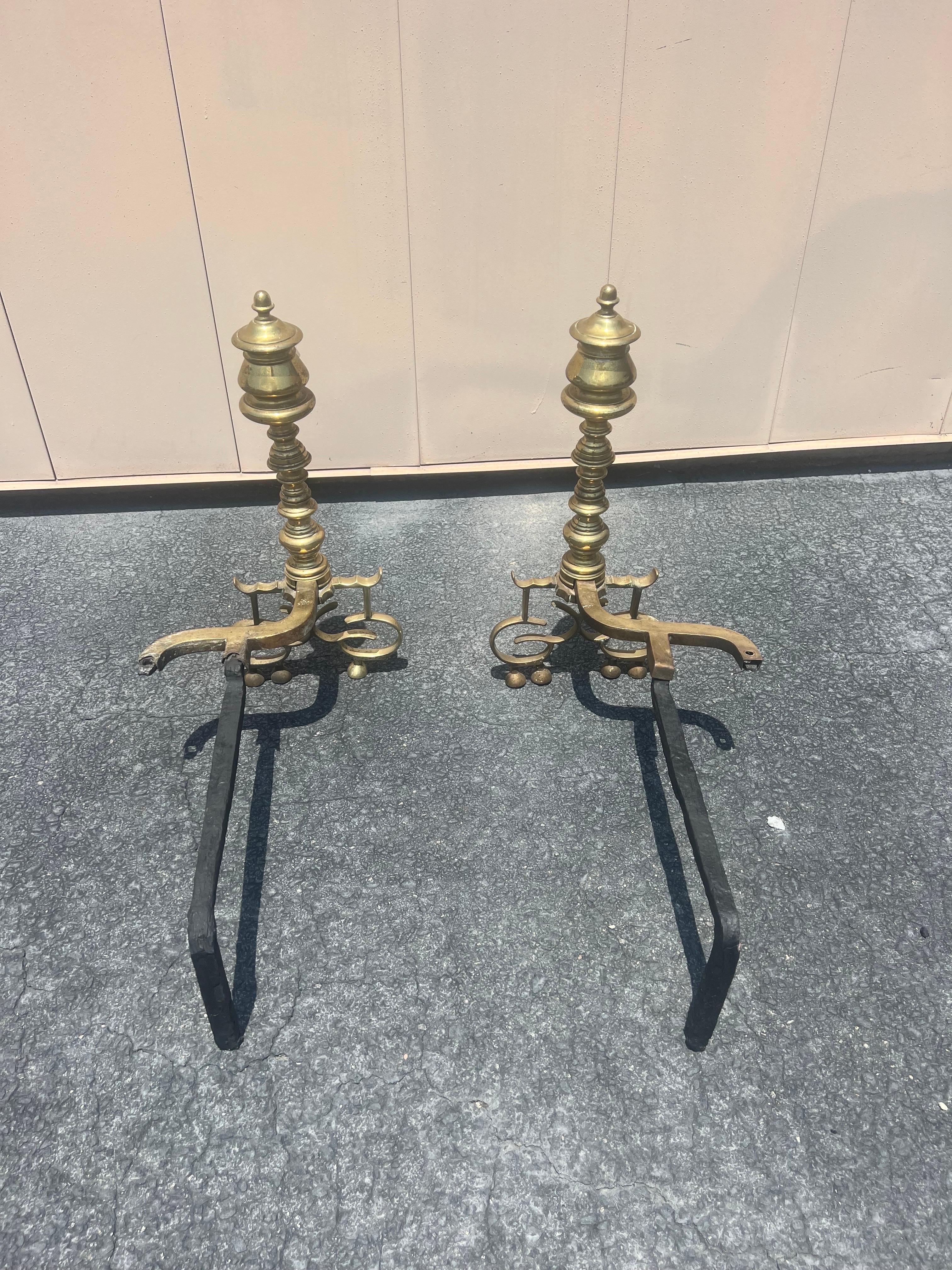 A pair of Antique English Brass Andirons For Sale 3