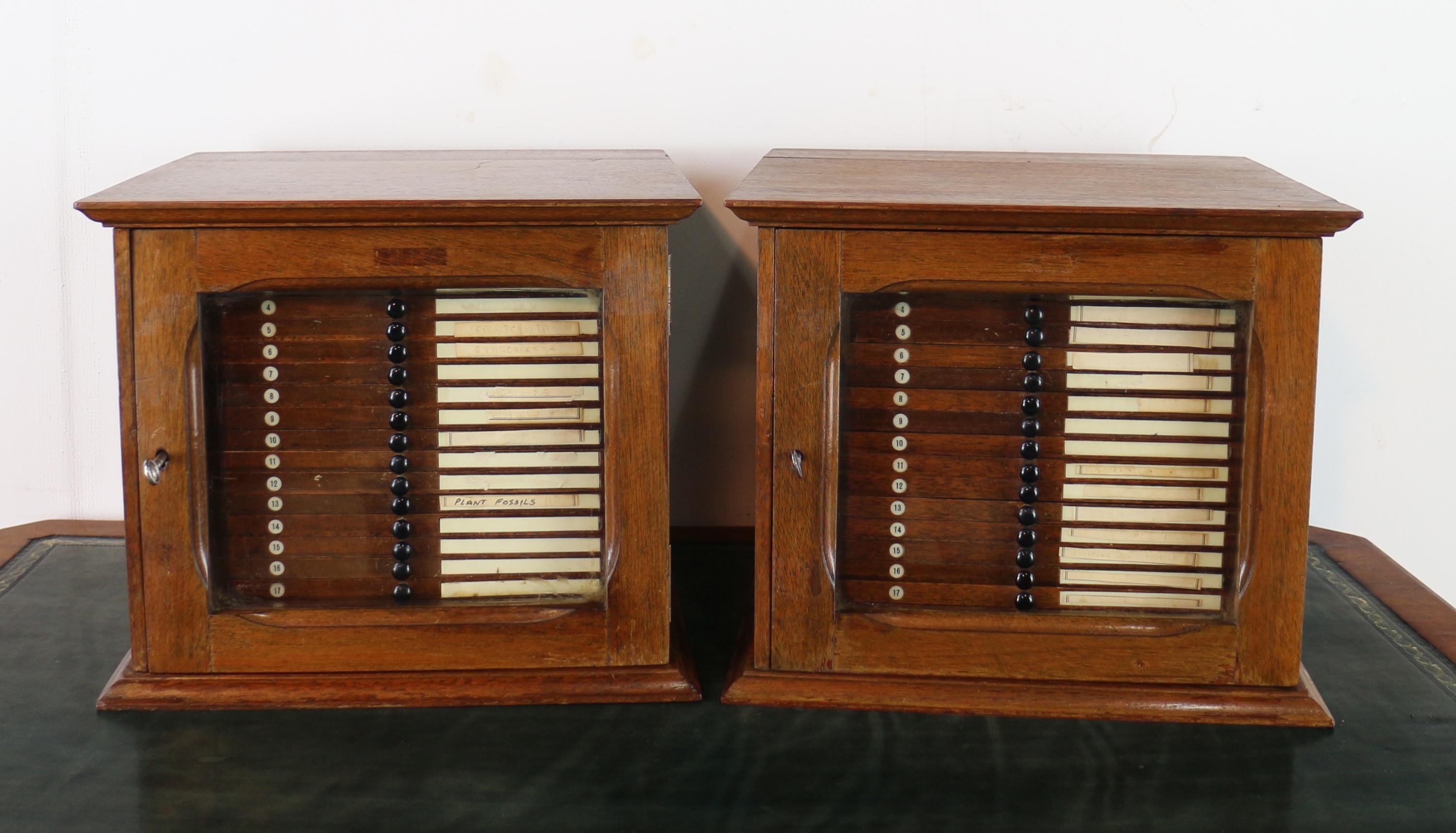 A super pair of tabletop microscope slide specimen collectors cabinets in walnut and dating to the late 19th century.  Each chest with a moulded top above a glazed door enclosing 19 drawers and on a moulded plinth base.  With ivorine drawer numbers