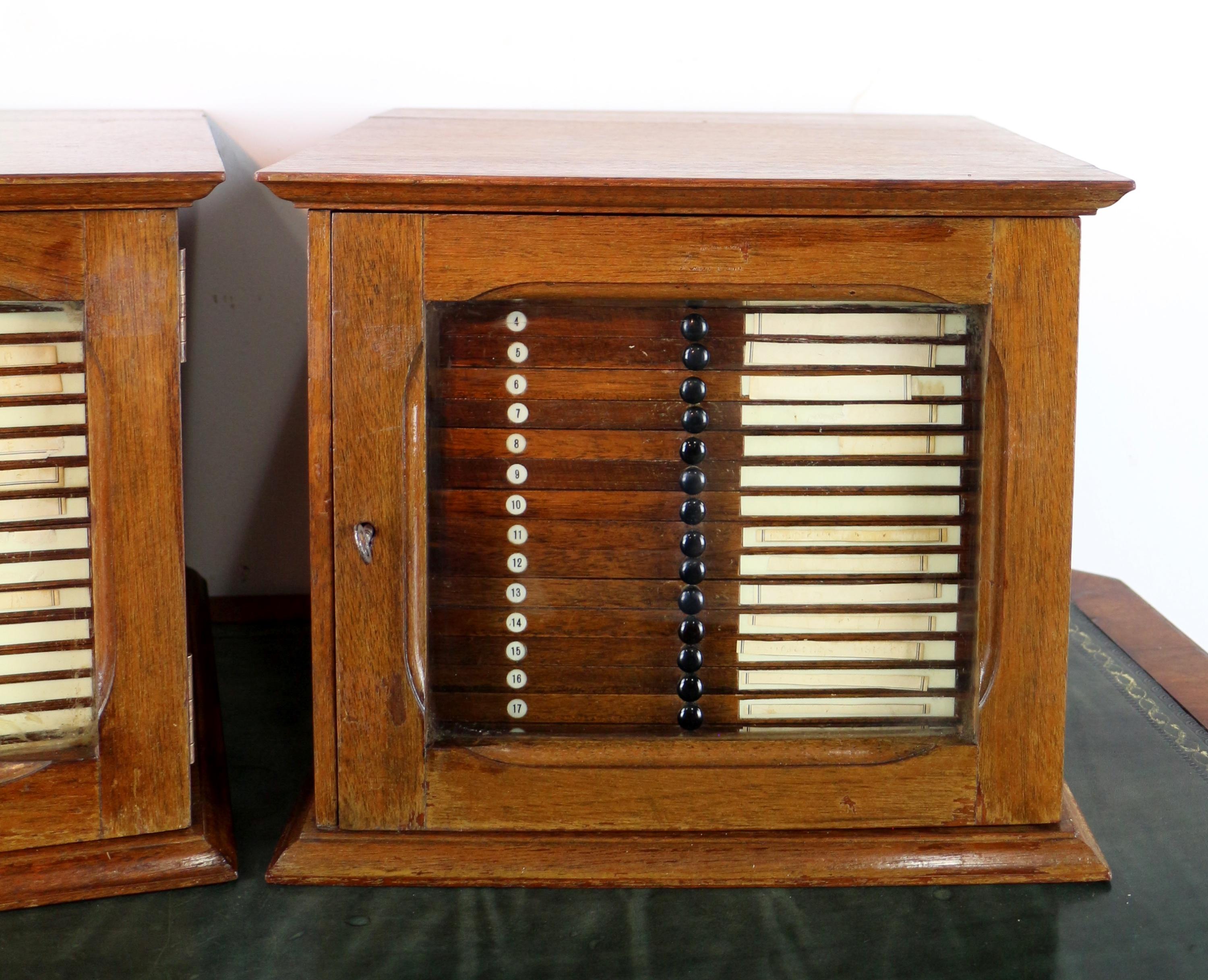 A Pair of Antique English Walnut Tabletop Microscope Slide Collectors Cabinets In Good Condition For Sale In Glasgow, GB