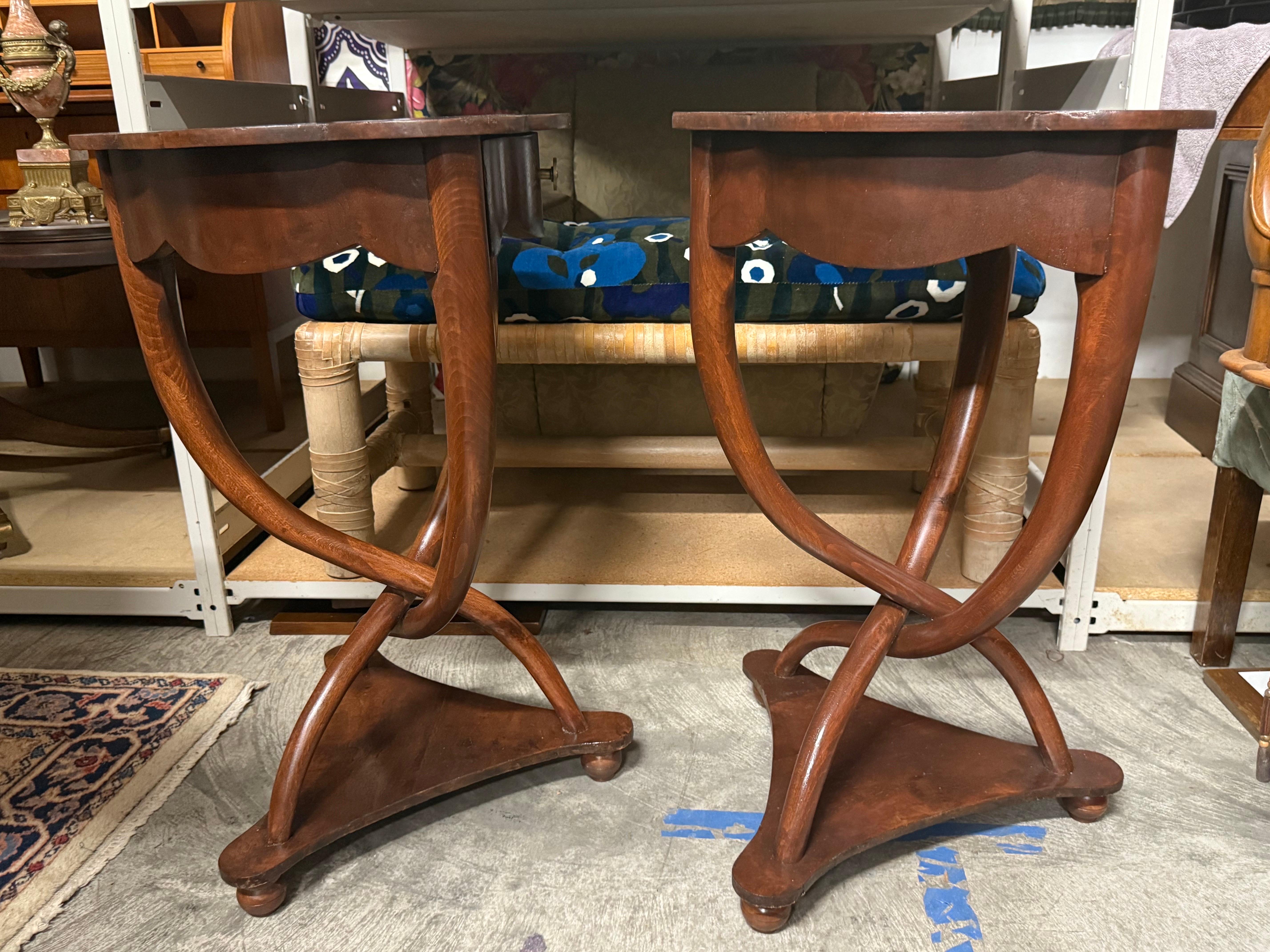 A pair of Antique French Art Deco Side Tables With Drawer & Unique Twist Base For Sale 9
