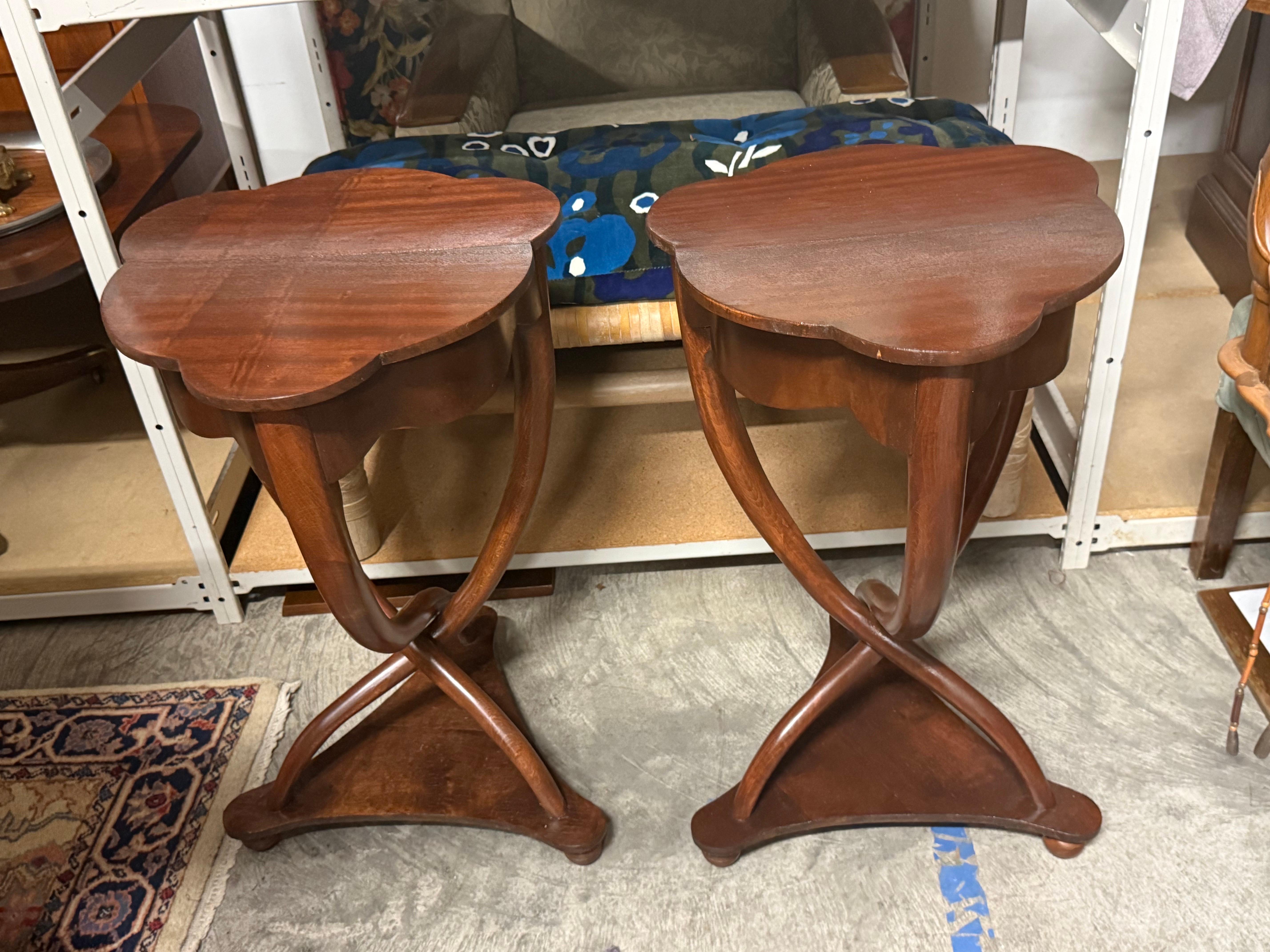 A pair of Antique French Art Deco Side Tables With Drawer & Unique Twist Base In Good Condition For Sale In Charleston, SC