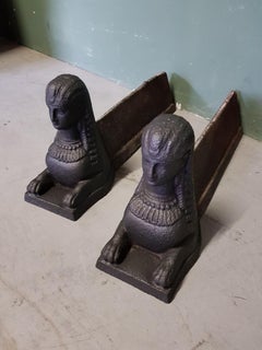 Pair of Antique French Cast Iron Andirons with Sphinxes