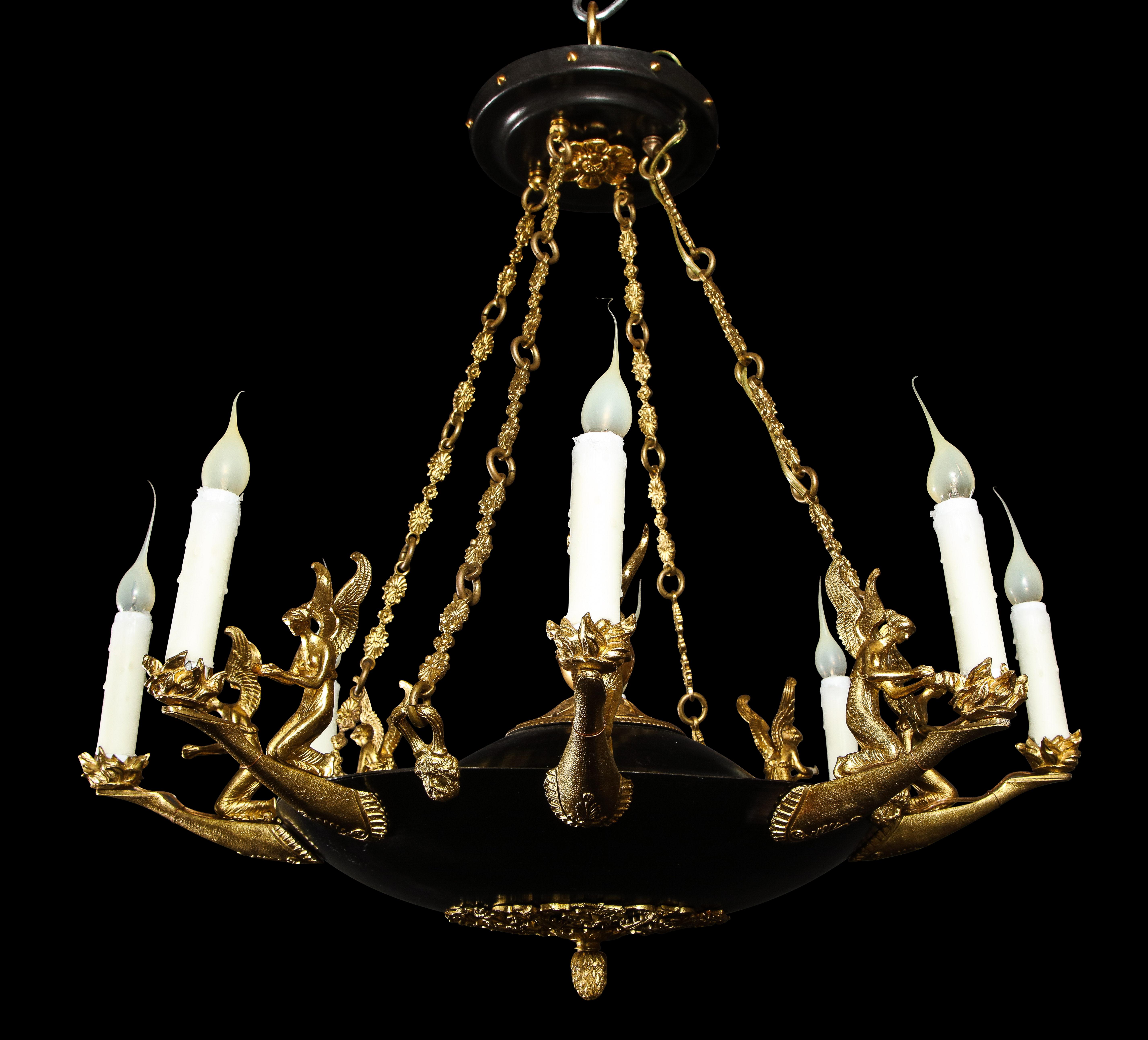 Pair of Antique French Empire Style Figural Gilt & Patina Bronze Chandeliers For Sale 10