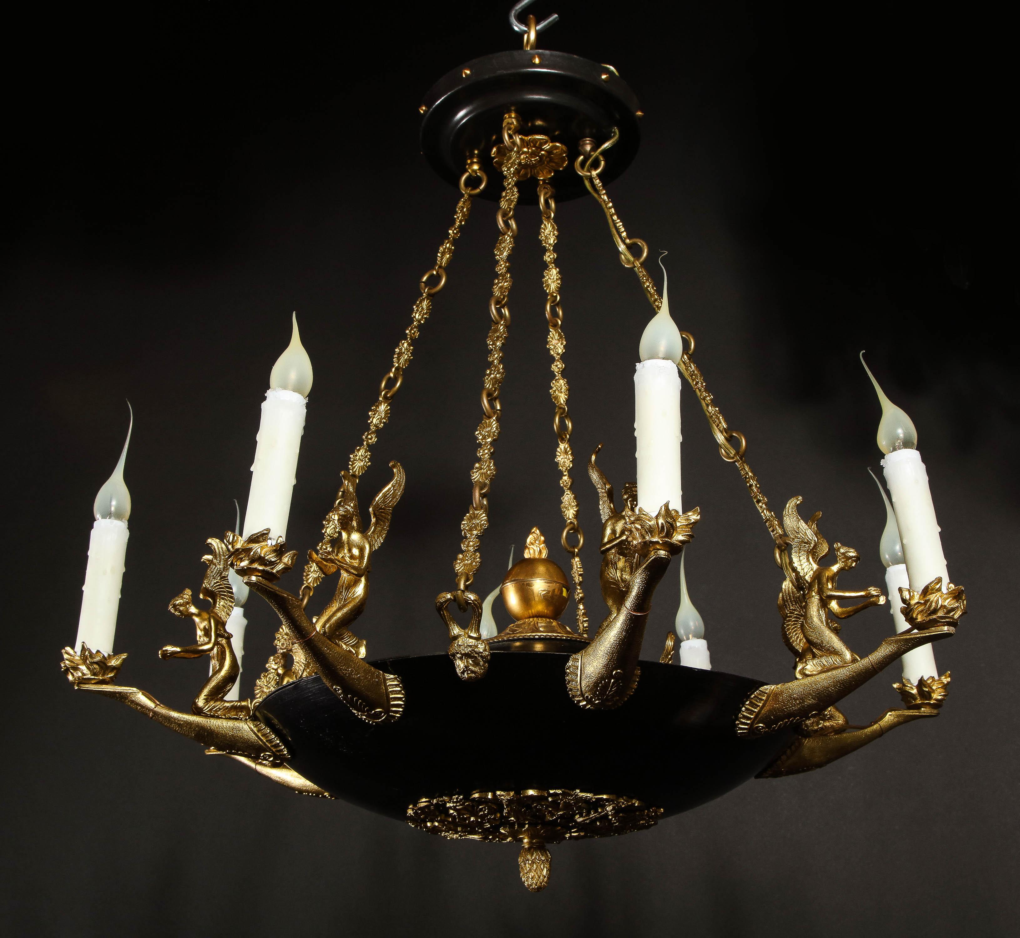 Pair of Antique French Empire Style Figural Gilt & Patina Bronze Chandeliers For Sale 11