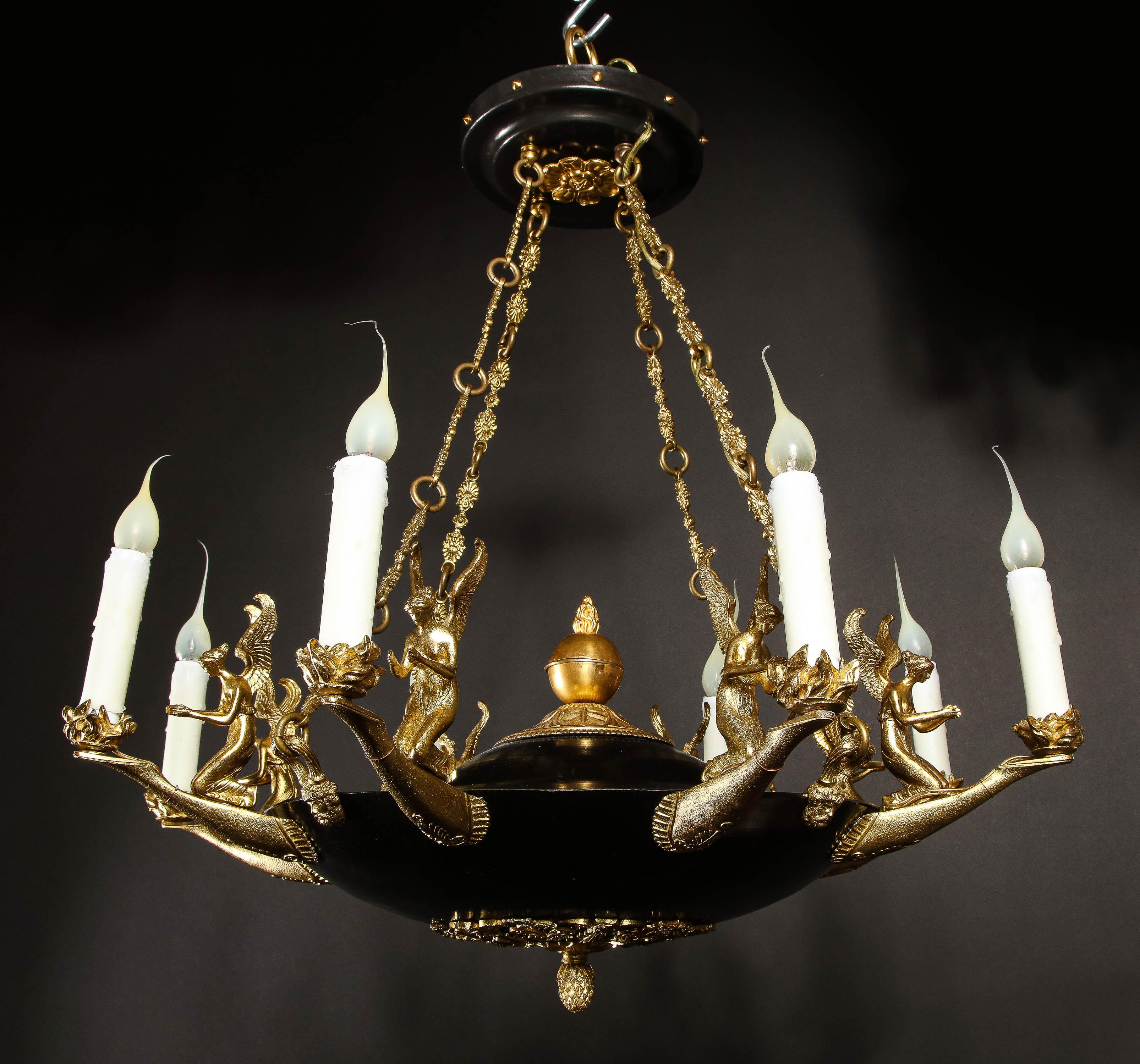 Pair of Antique French Empire Style Figural Gilt & Patina Bronze Chandeliers For Sale 12