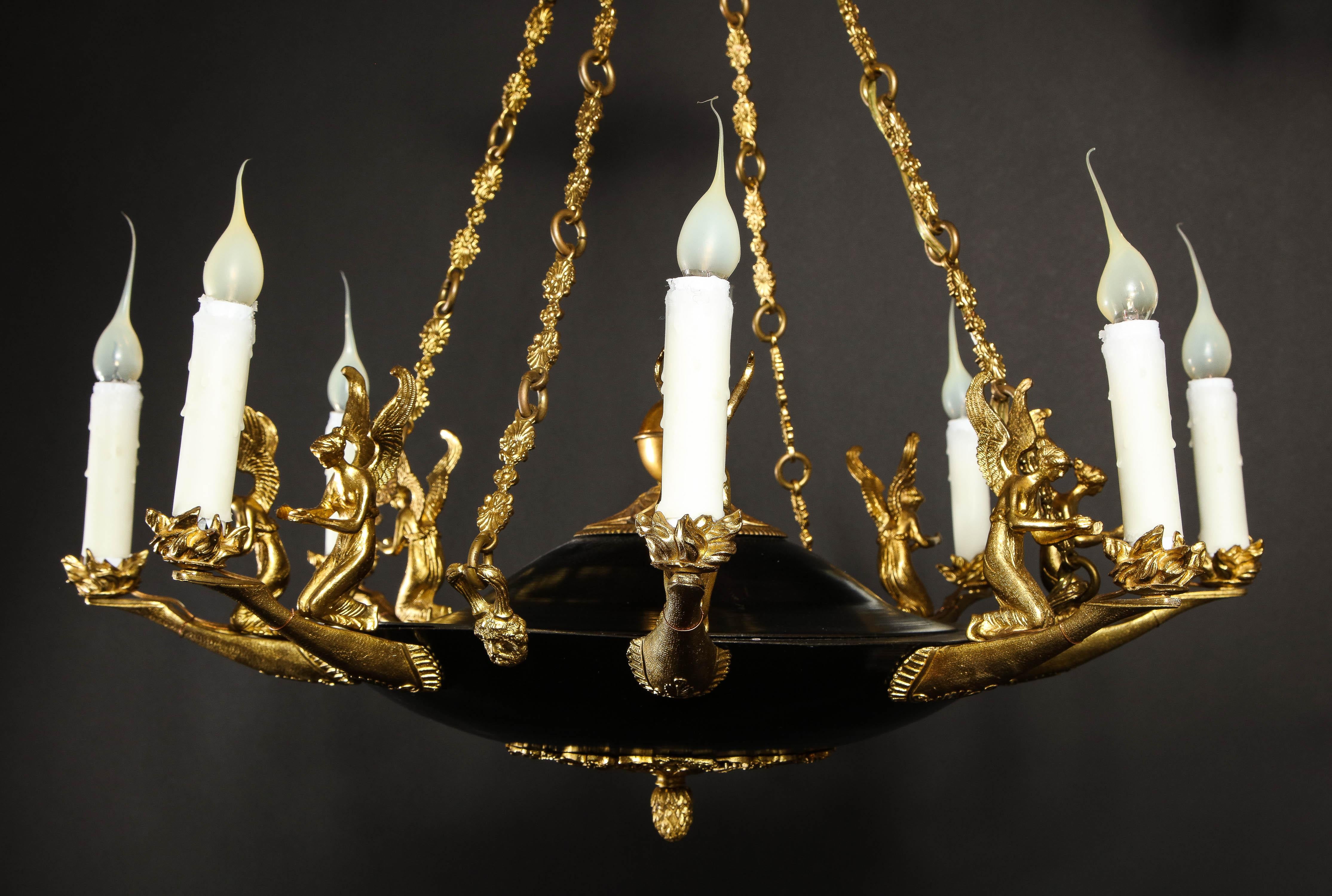 Pair of Antique French Empire Style Figural Gilt & Patina Bronze Chandeliers For Sale 13