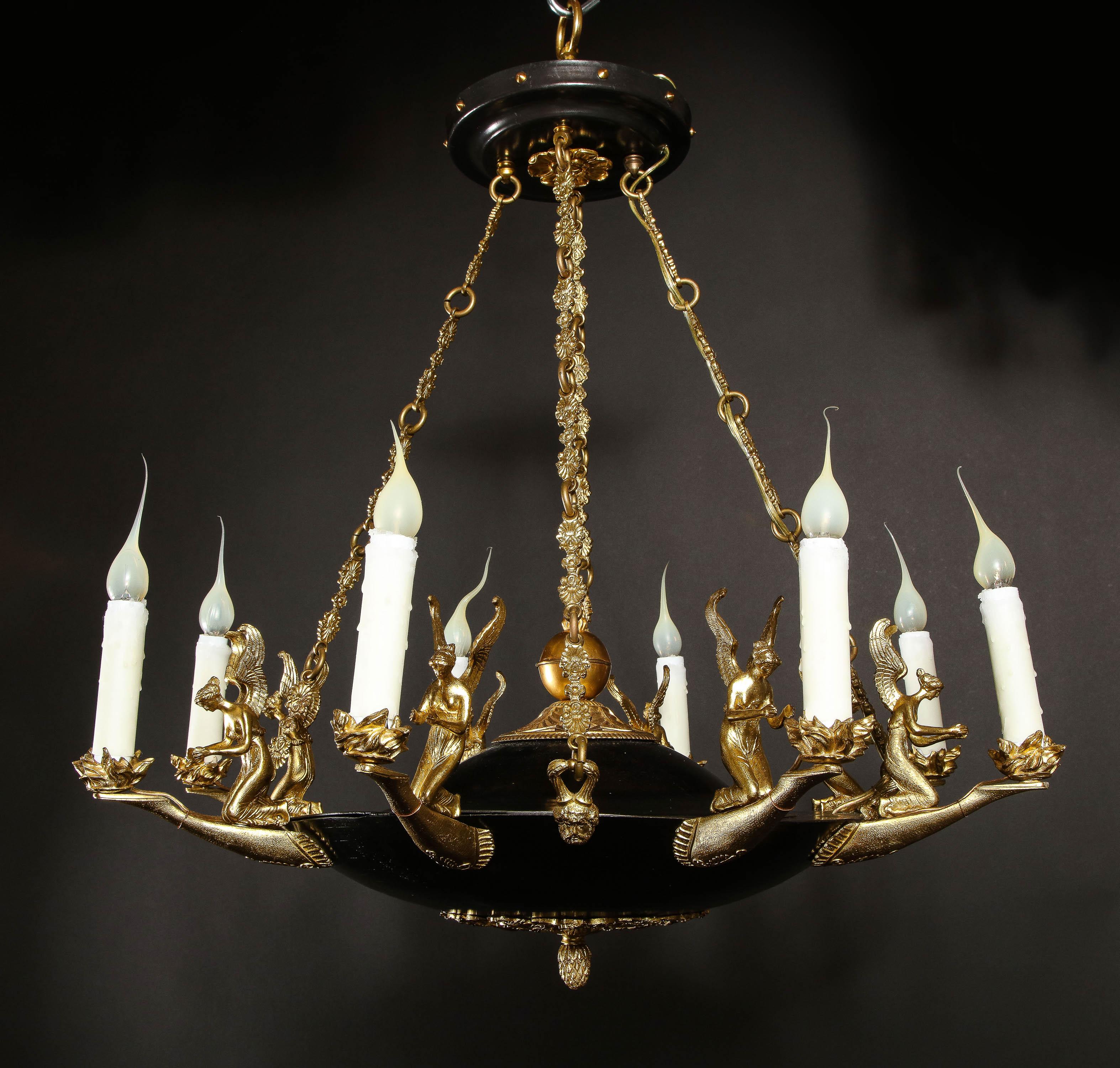 Pair of Antique French Empire Style Figural Gilt & Patina Bronze Chandeliers For Sale 14