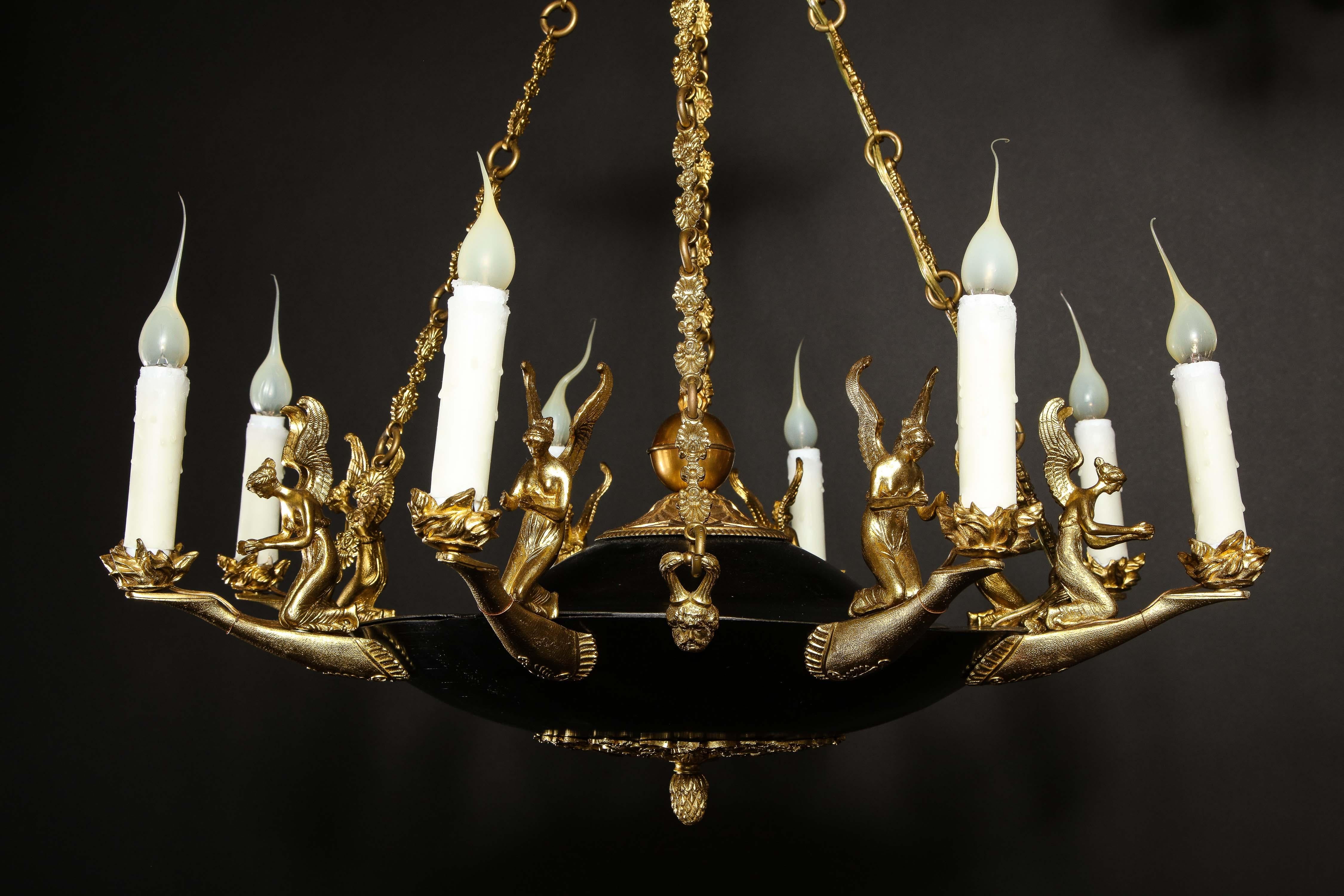 Pair of Antique French Empire Style Figural Gilt & Patina Bronze Chandeliers For Sale 15