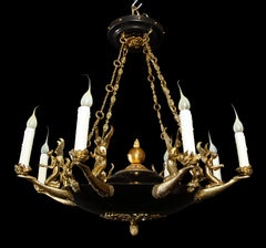 Pair of Antique French Empire Style Figural Gilt & Patina Bronze Chandeliers