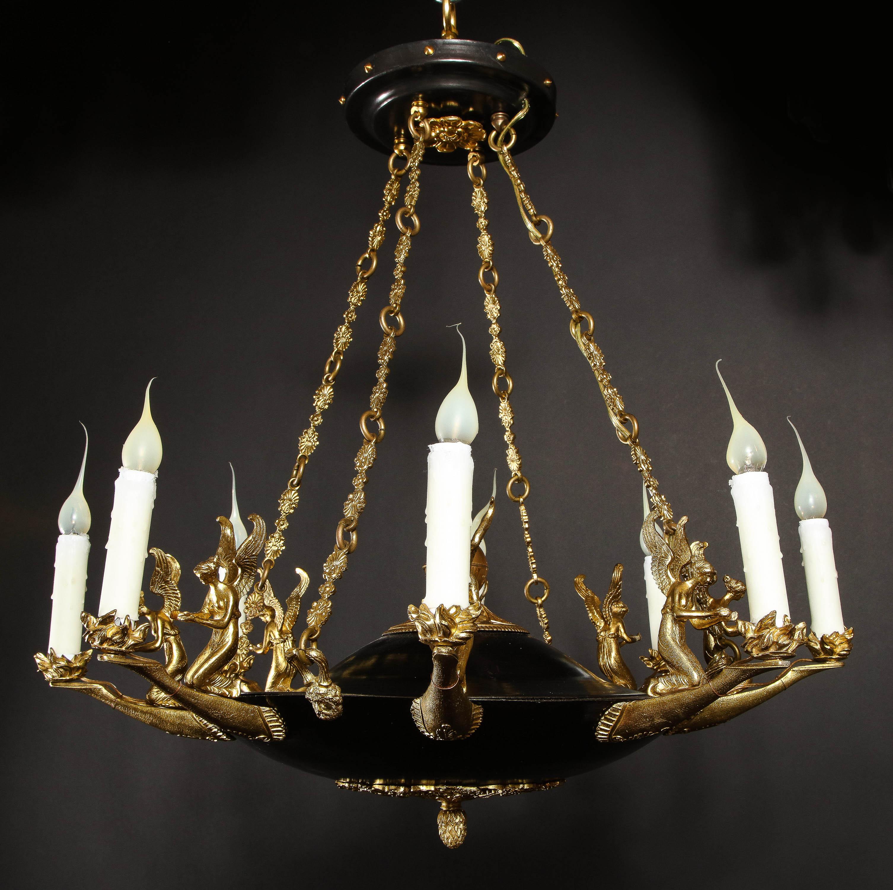 Pair of Antique French Empire Style Figural Gilt & Patina Bronze Chandeliers In Good Condition For Sale In New York, NY