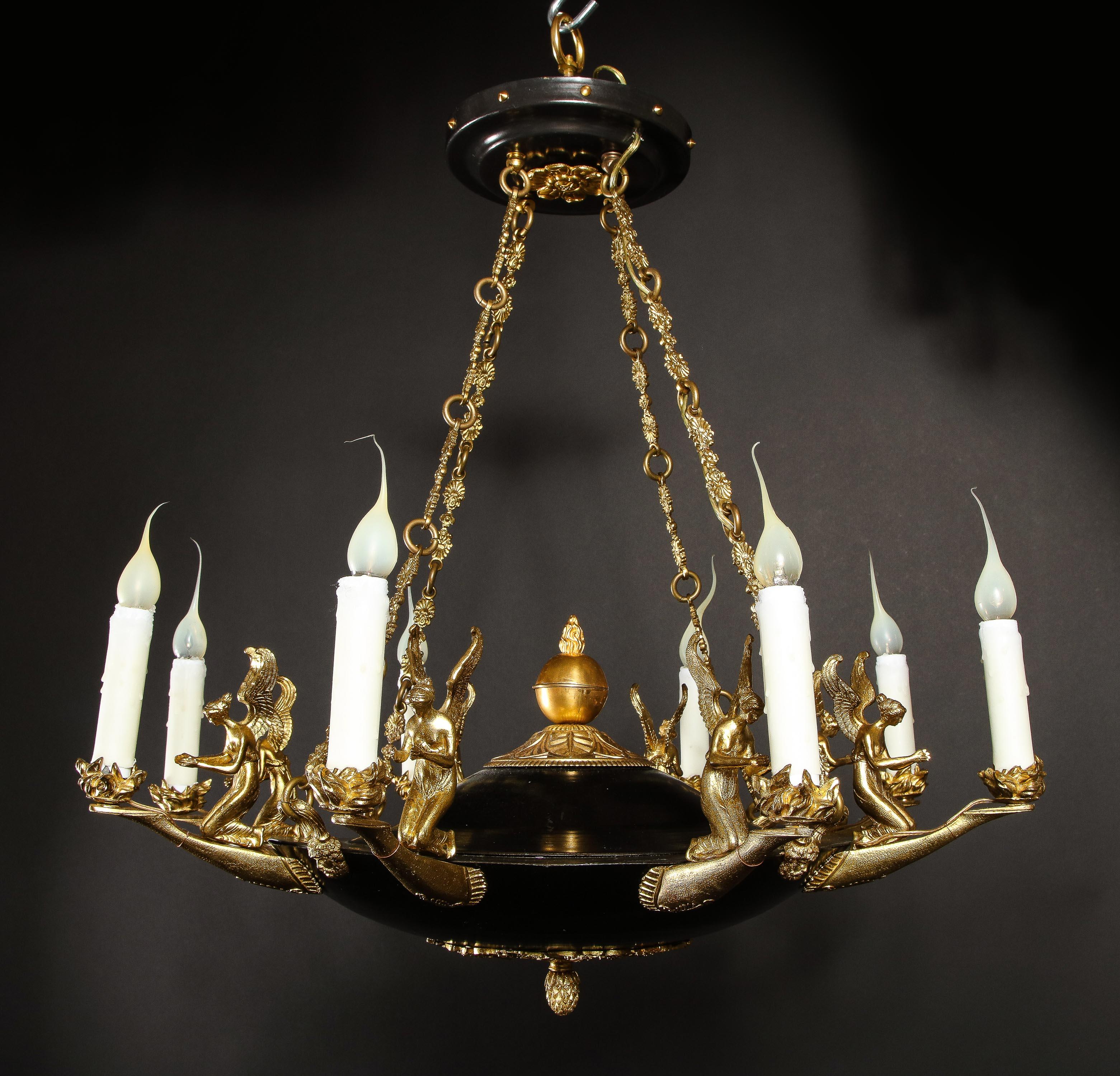 20th Century Pair of Antique French Empire Style Figural Gilt & Patina Bronze Chandeliers For Sale