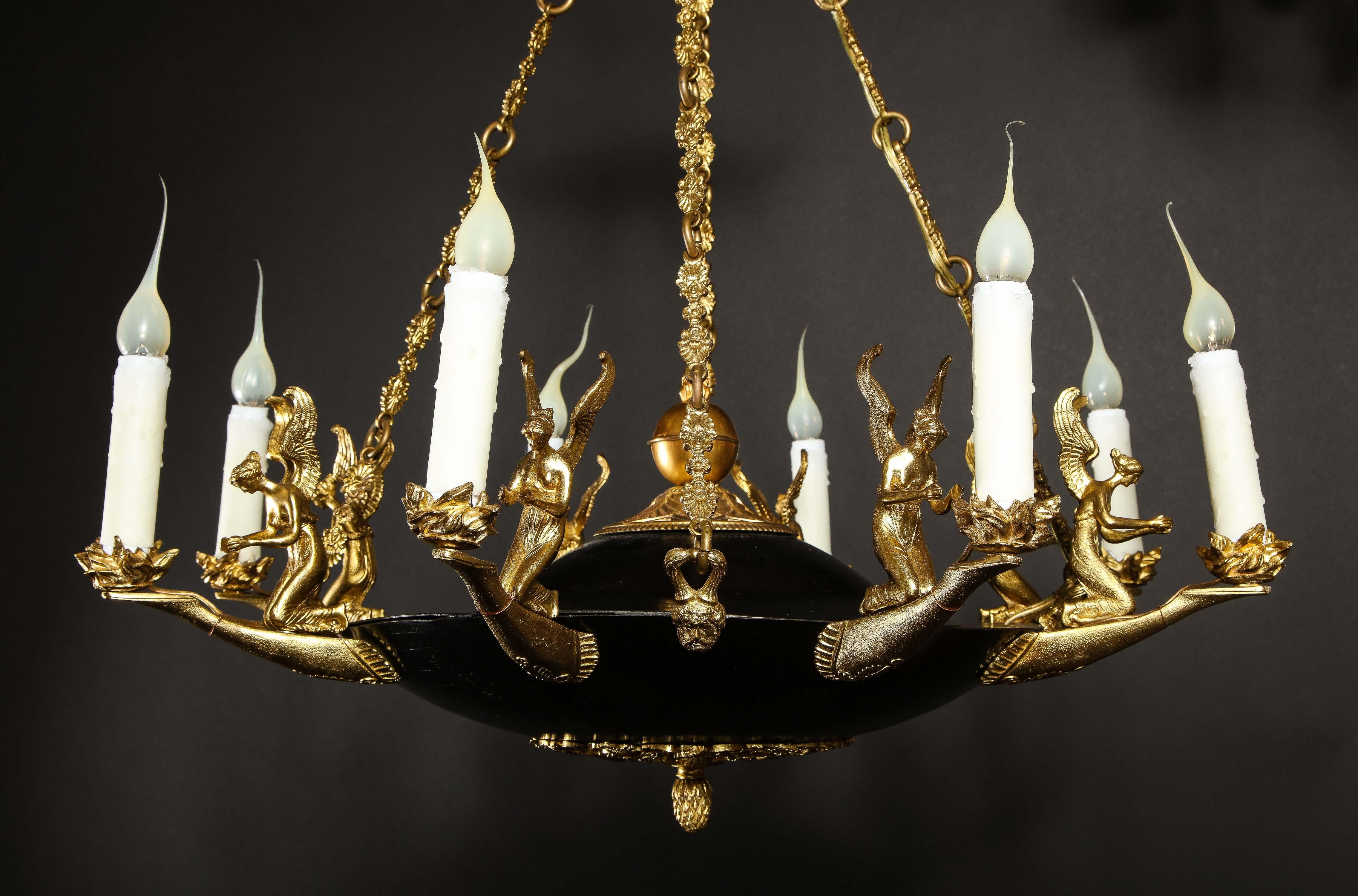 Pair of Antique French Empire Style Figural Gilt & Patina Bronze Chandeliers For Sale 1